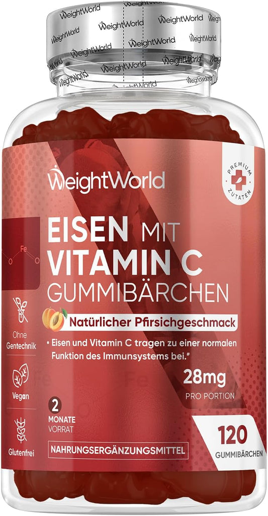 Eisen & Vitamin C Gummy Bears - 2 Month Supply - 28mg Iron & 10mg Vit C - 120 Gummies - Iron & Vitamin C Contribute to Normal Energy Metabolism (EFSA) - Alternative to Iron Tablets