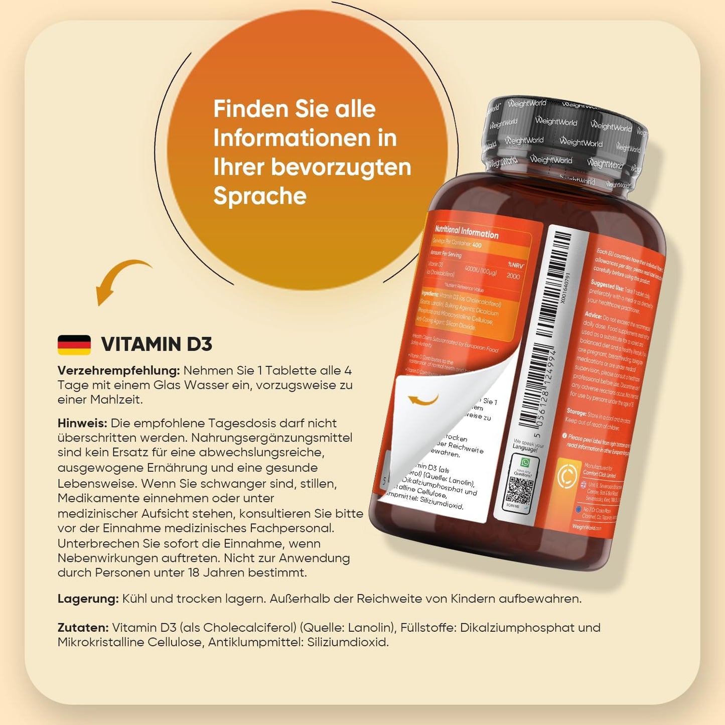 Vitamin D3 4000 IE - 400 Tabletten - Vitamin D trägt zur Erhaltung normaler Knochen - Sonnenvitamin - Cholecalciferol - Frei von Magnesiumstearat, Ohne Zusatzstoffe