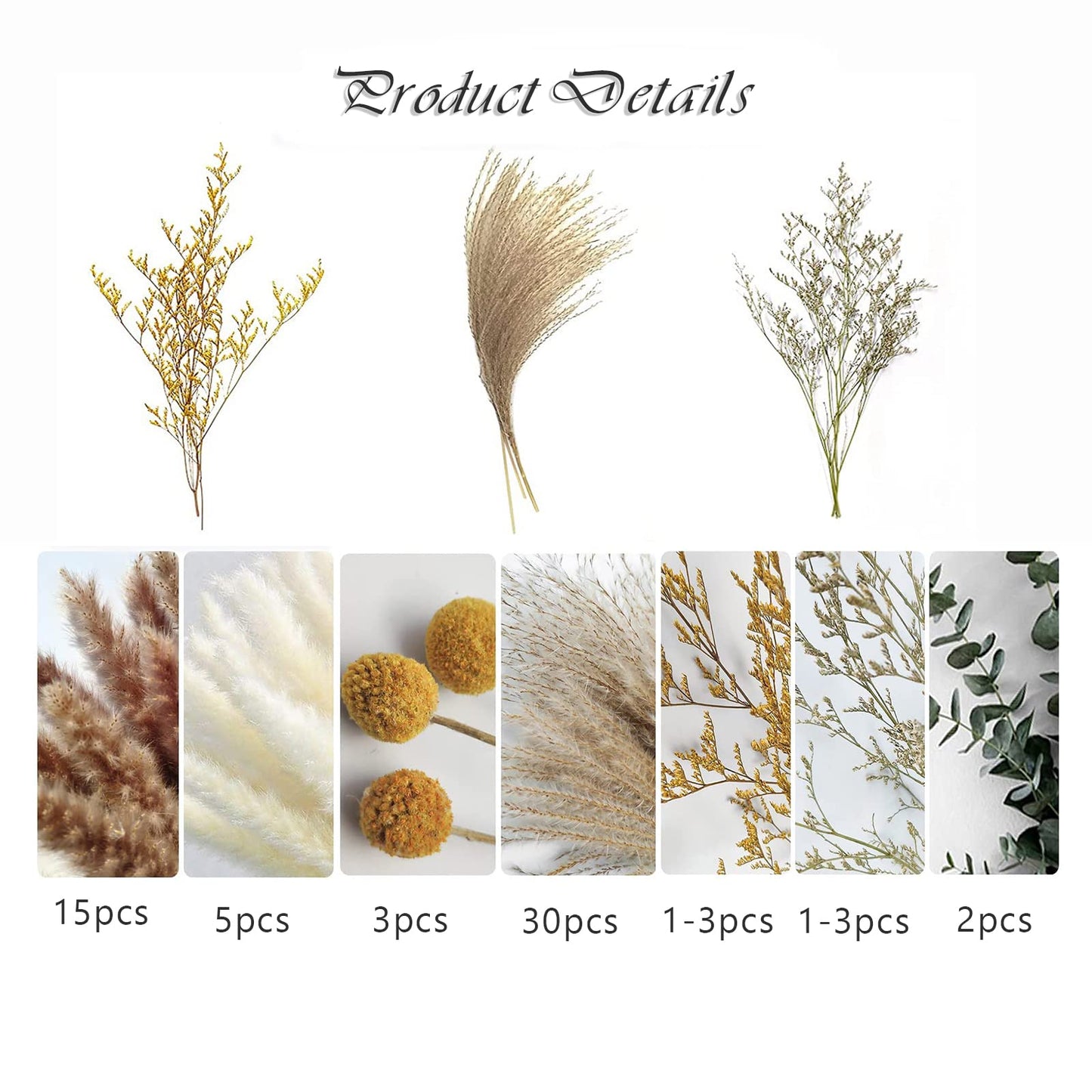Dried Pampas Grass 60 Pieces Natural Dried Flowers Decoration, Bouquet Reed Flower Decoration for Living Room Bedroom