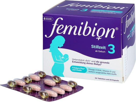 Femibion 3 Stillzeit, Tägliches Nahrungsergänzung für die Laktation, Mit Cholin, DHA, Folsäure, Metafolin, 8-Wochen-Pack, 2 x 56 Stück