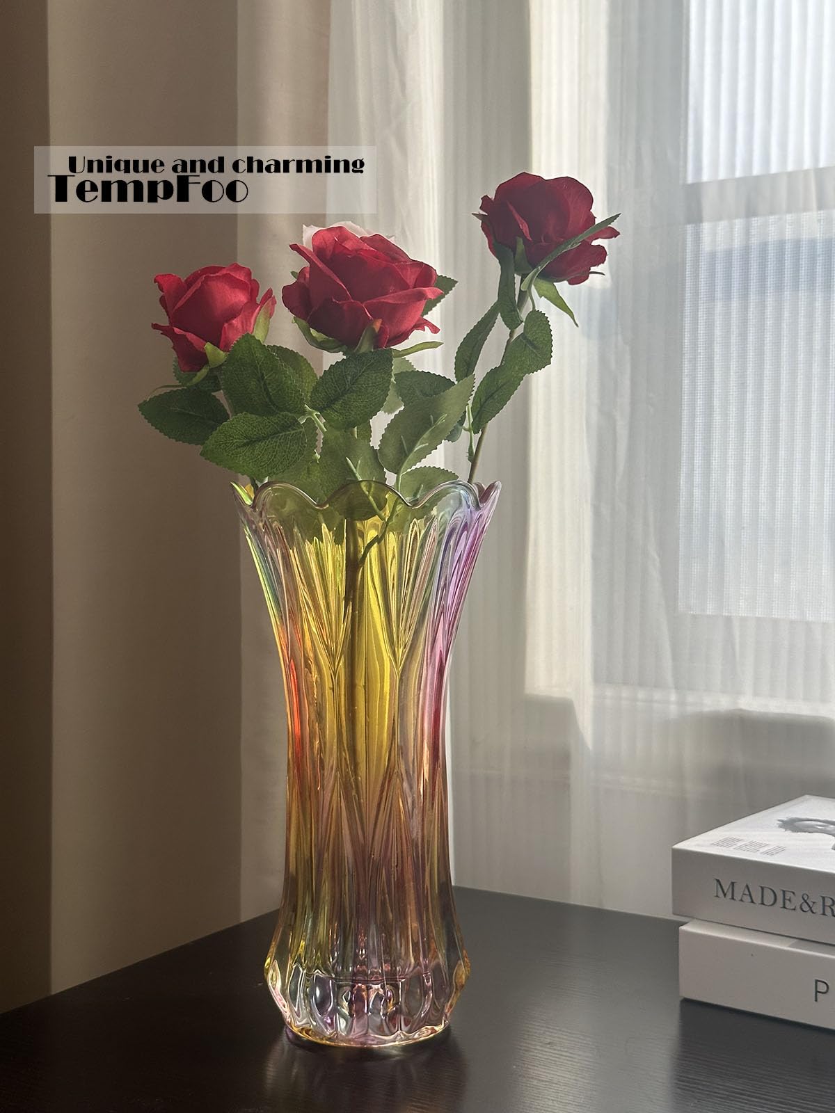 Black Grey Vase, Flower Vase, Large Tall Glass Vases for Decoration, Aesthetic, Large Glass Vase with Ribbed Texture, Modern Living Room, Black Art Decoration