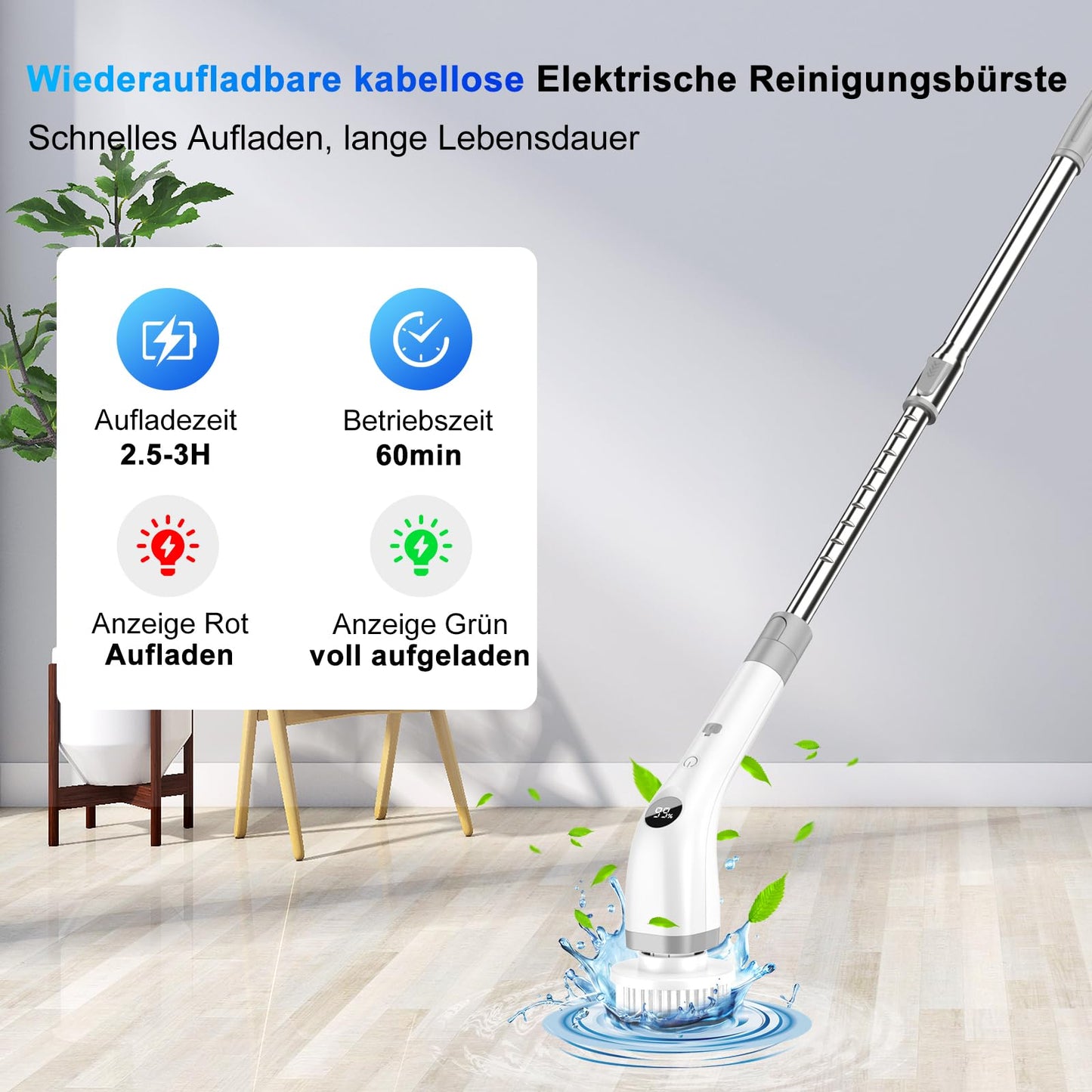 Elektrische Reinigungsbürste, Kabellos Power Spin Scrubber mit 7 Bürstenköpfen, 2 Speed Integrierte übertragung, Cleaning Brush für Fliesen, Duschen, Glas, Bad