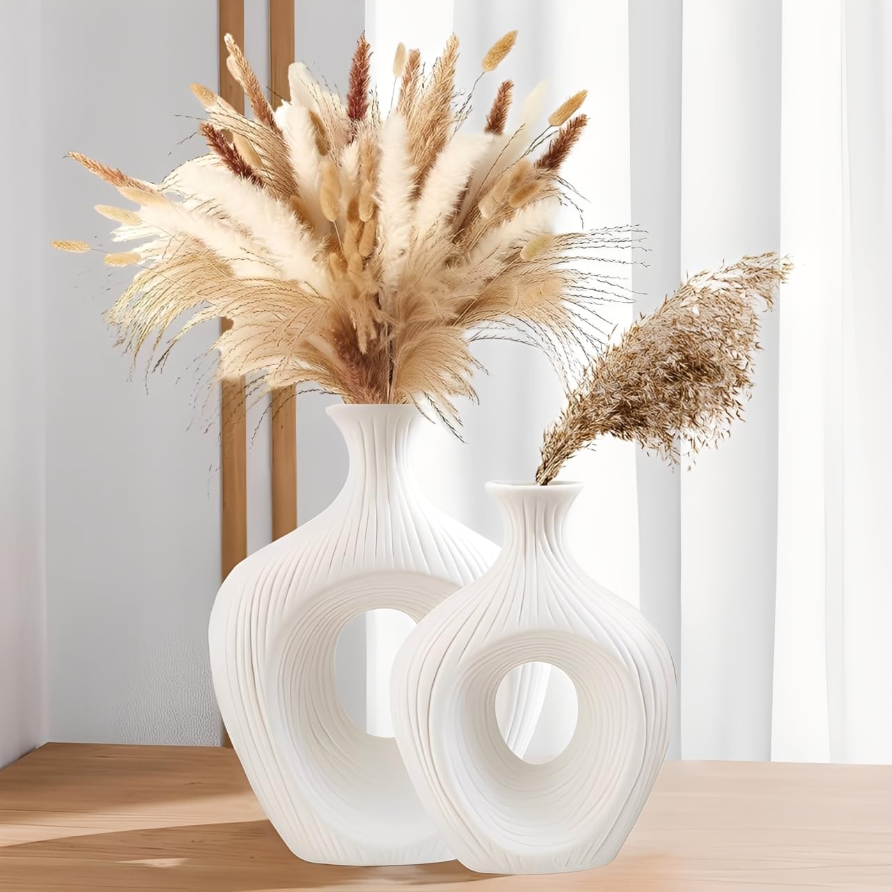 Keramik Vase Weiß Matt Rund Deko Vasen Set 2er Moderne Boho Blumenvase für tulpen pampasgras passend für Wohnzimmer Schlafzimmer Büro