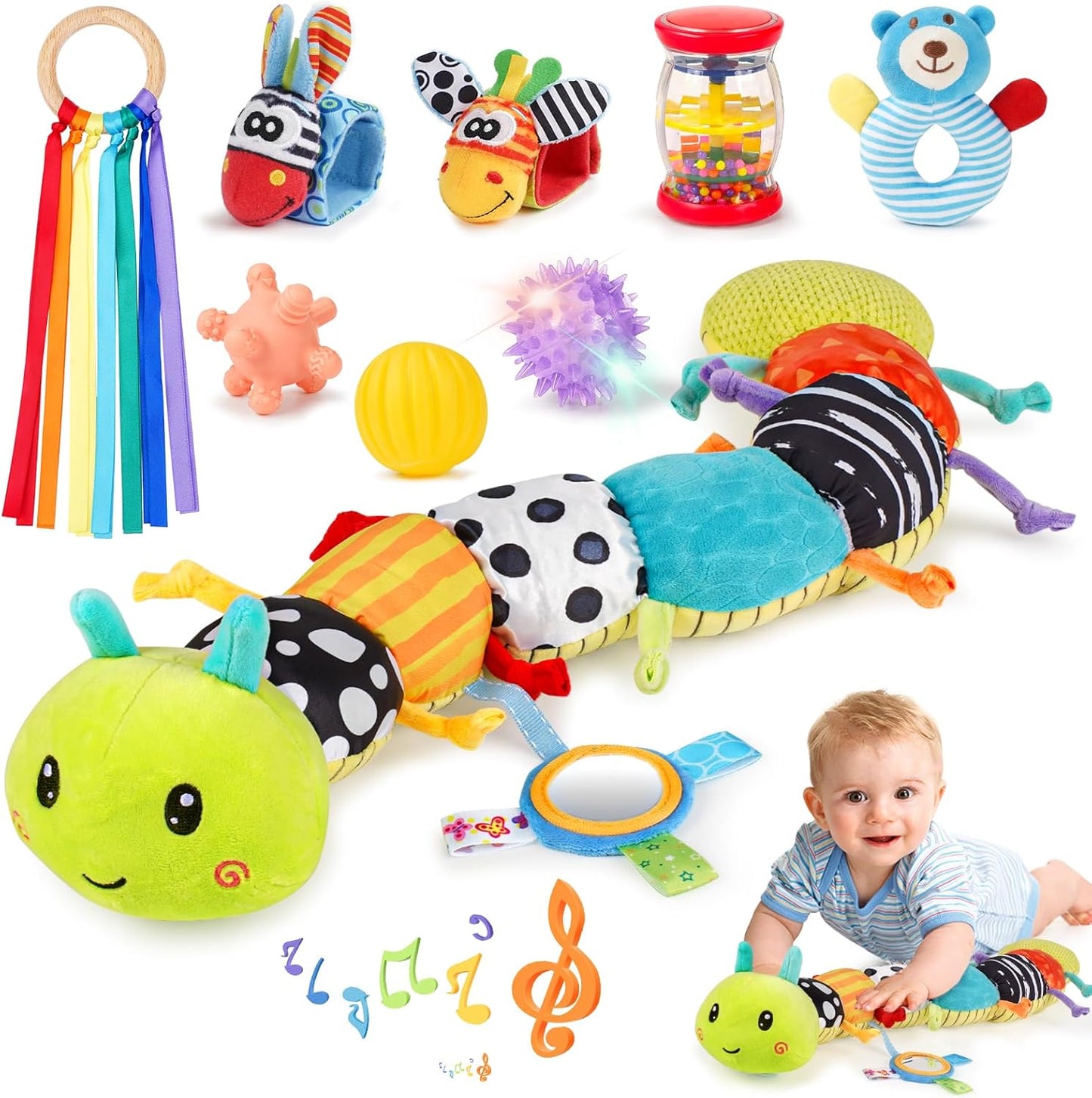 Baby Spielzeug, Toy 0-6 Months, 10-Piece Set for Newborn Sensory Toys, Baby Caterpillar Musical Toy,