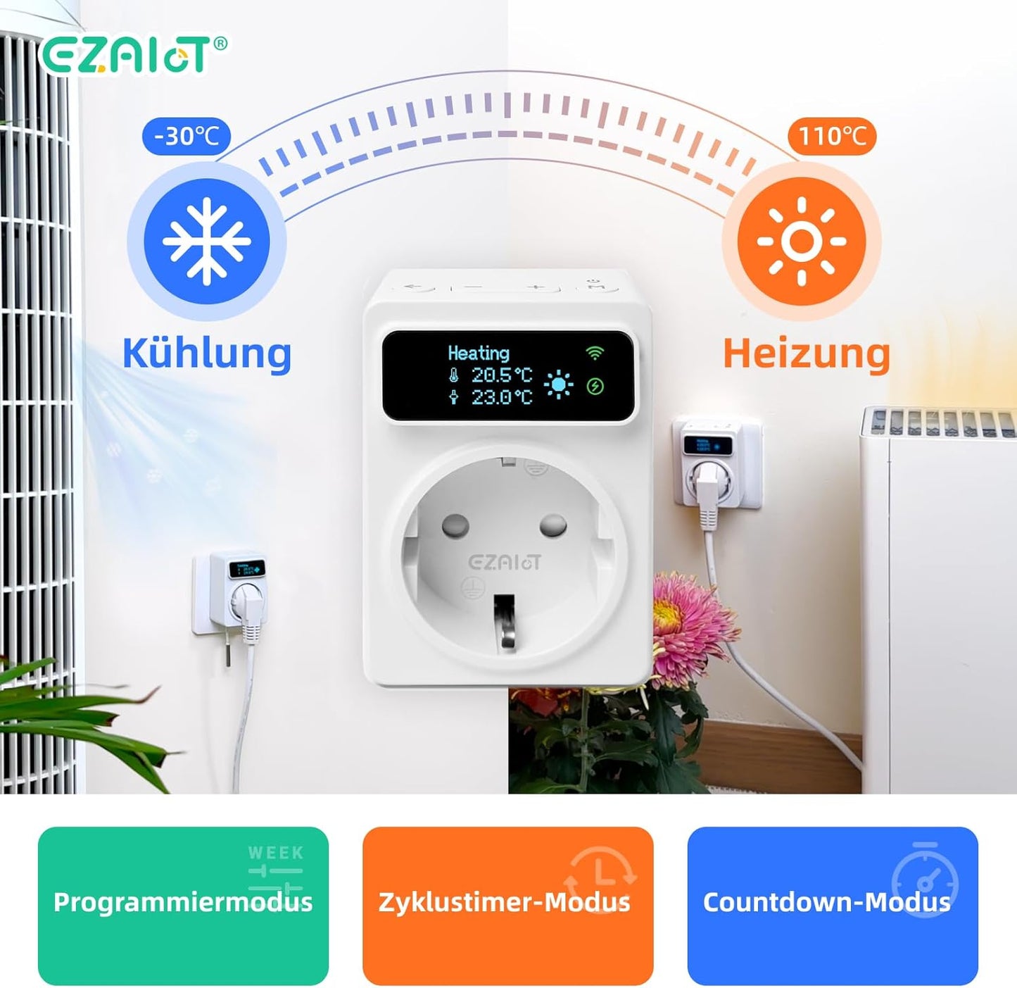 Thermostat WLAN Heating / Cooling and Timer Switch with 3 m and 5 cm Sensor, Digital Temperature Controller OLED Screen