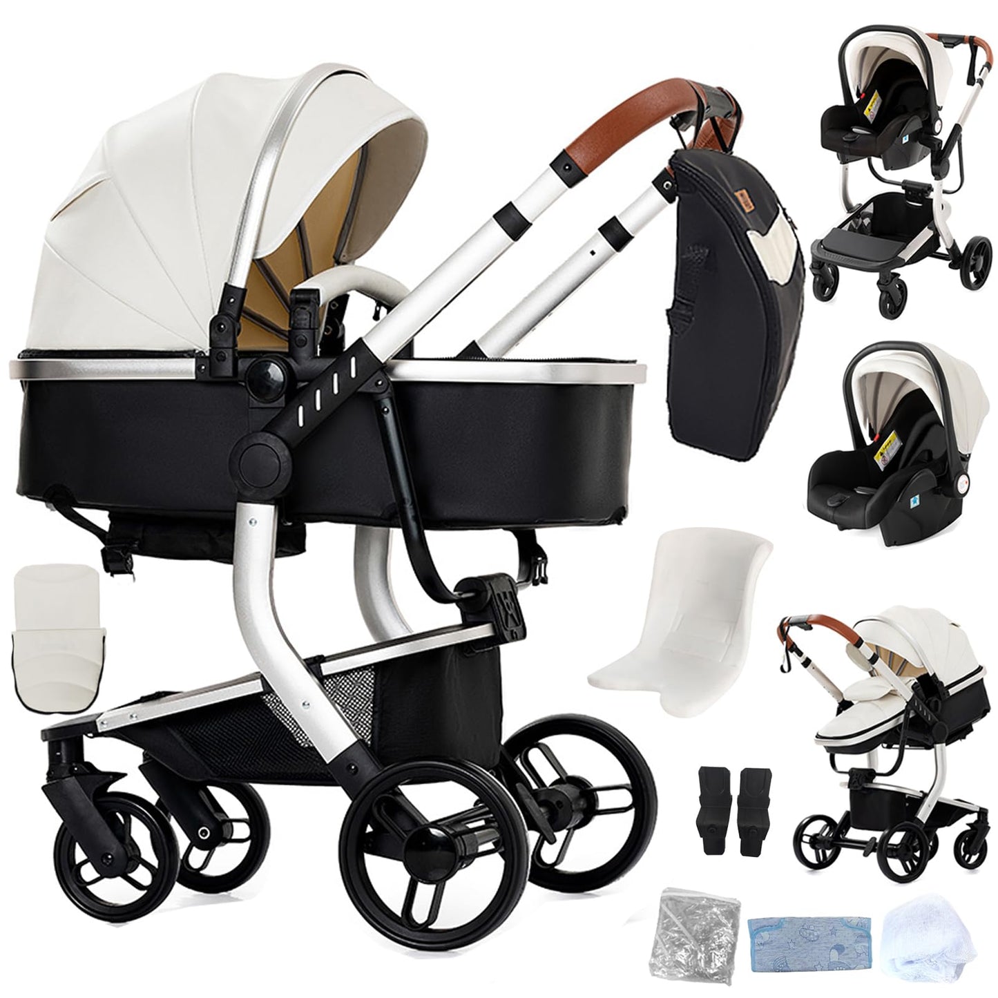 Reenborn 3-in-1 Pushchair, Buggy with Two Reversible Sliding Modes, Pushchair with Frame Aluminium Alloy, Baby Pram, 3-in-1 Complete Set with One-Click Folding Design