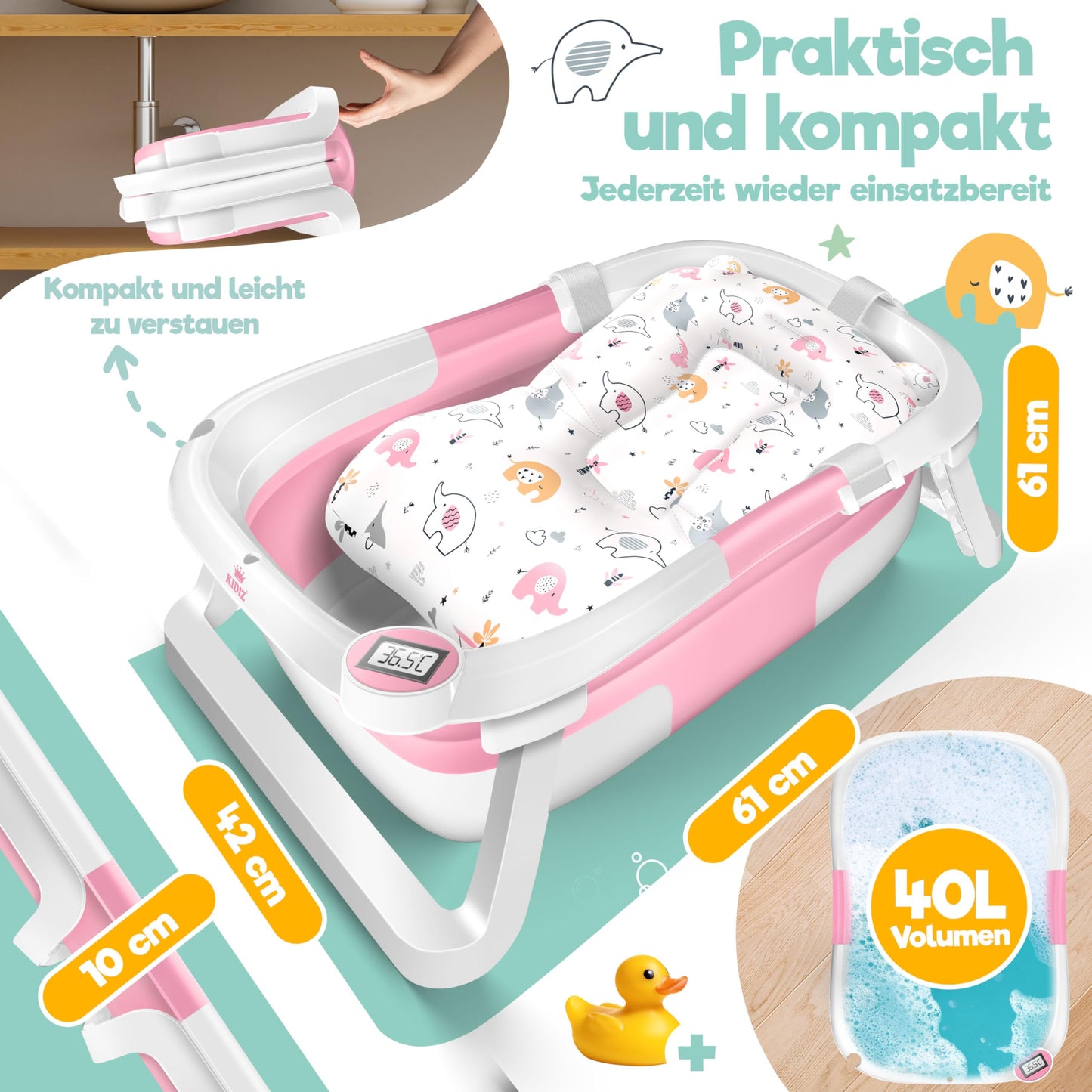 Baby Badewanne | Babywanne platzsparend & faltbar mit Thermostat & Kissen