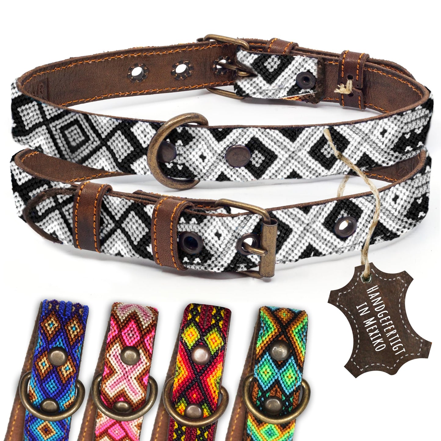 Hundehalsband Leder - braunes Rindsleder Tribal Grün/Braun/Beiges