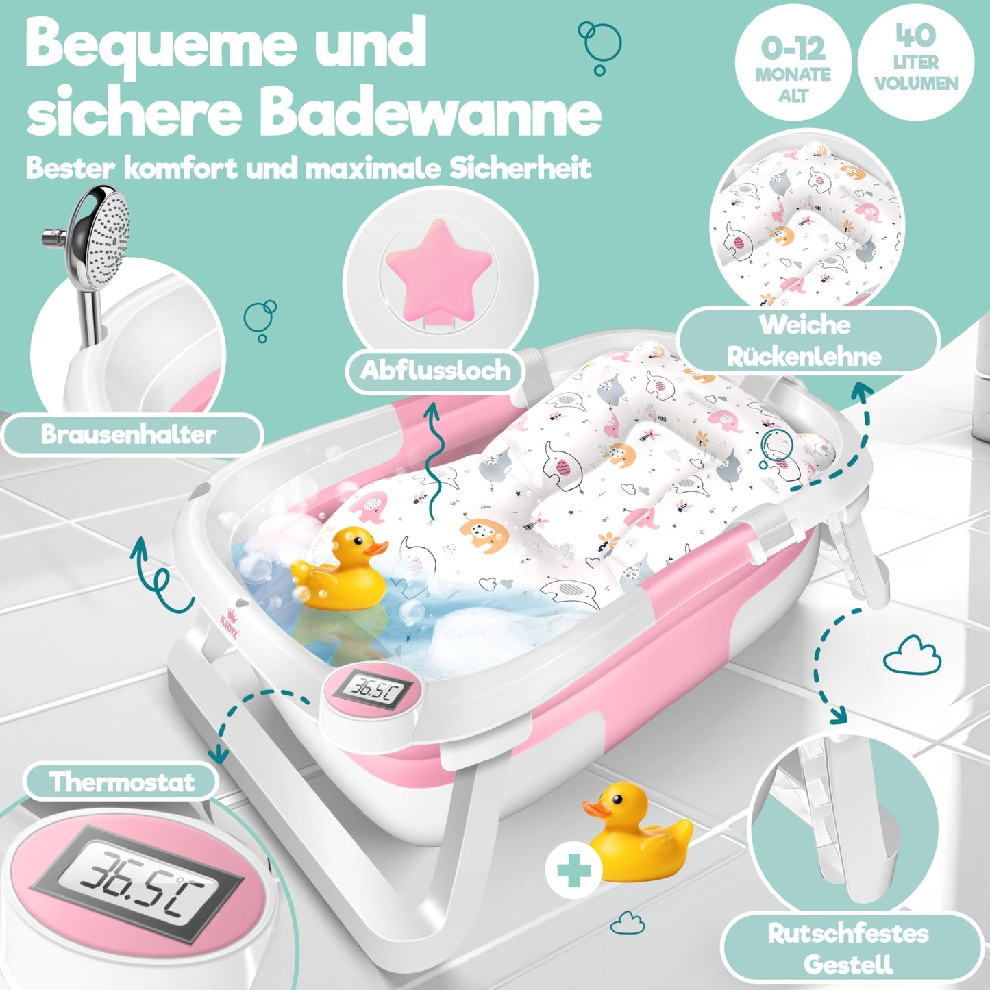Baby Badewanne | Babywanne platzsparend & faltbar mit Thermostat & Kissen