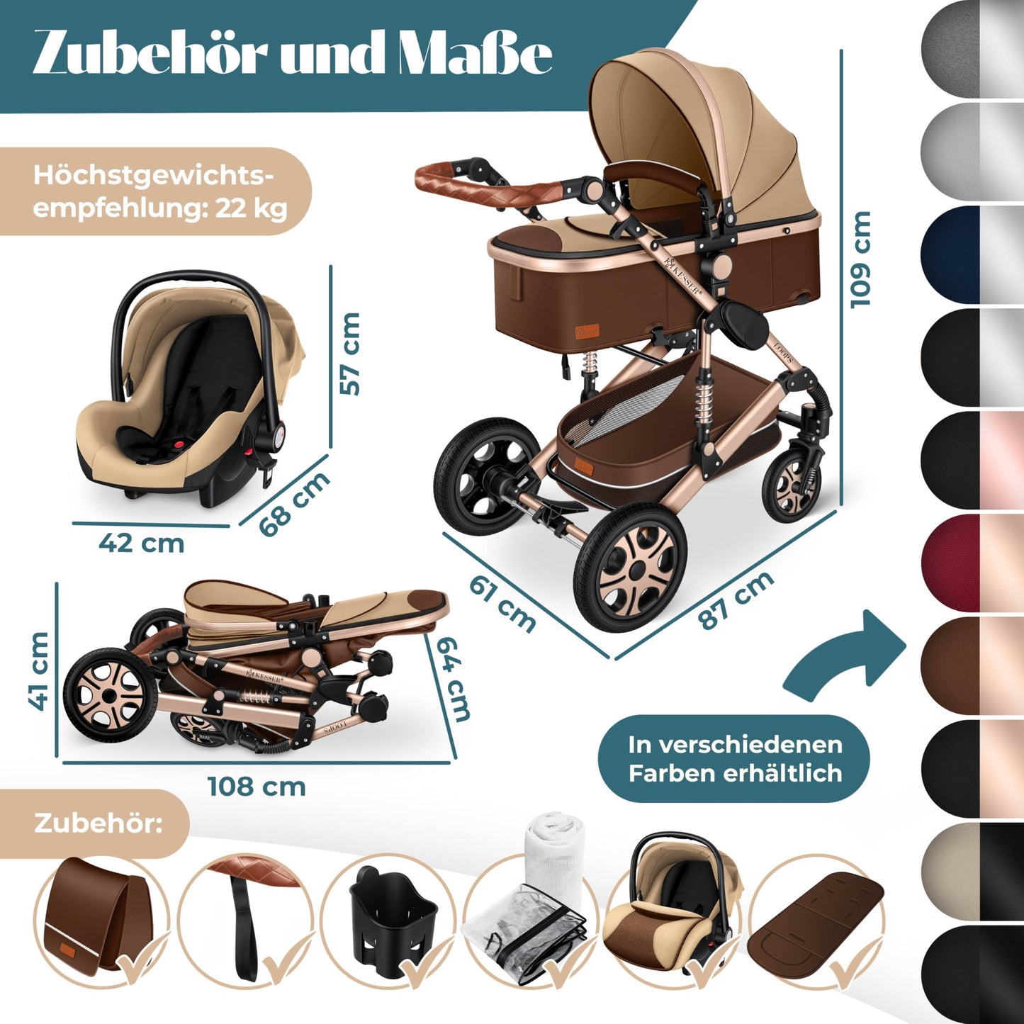Kesser® Loops 3-in-1 Combination Pram, Complete Set Including Baby Tub & Buggy Sports Seat & Baby Car Seat, Full Rubber Tyres