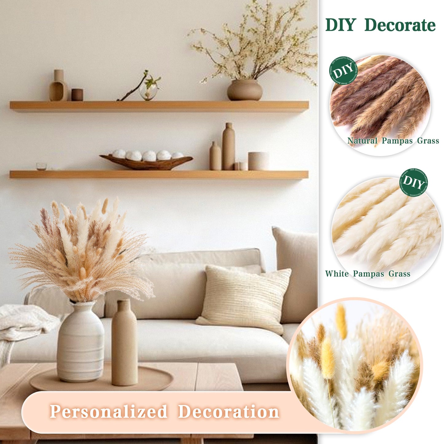 Pampasgras Getrocknet - Natürliche, Braun, Trockenblumen Strauß Dried Flowers, für Heim Decor