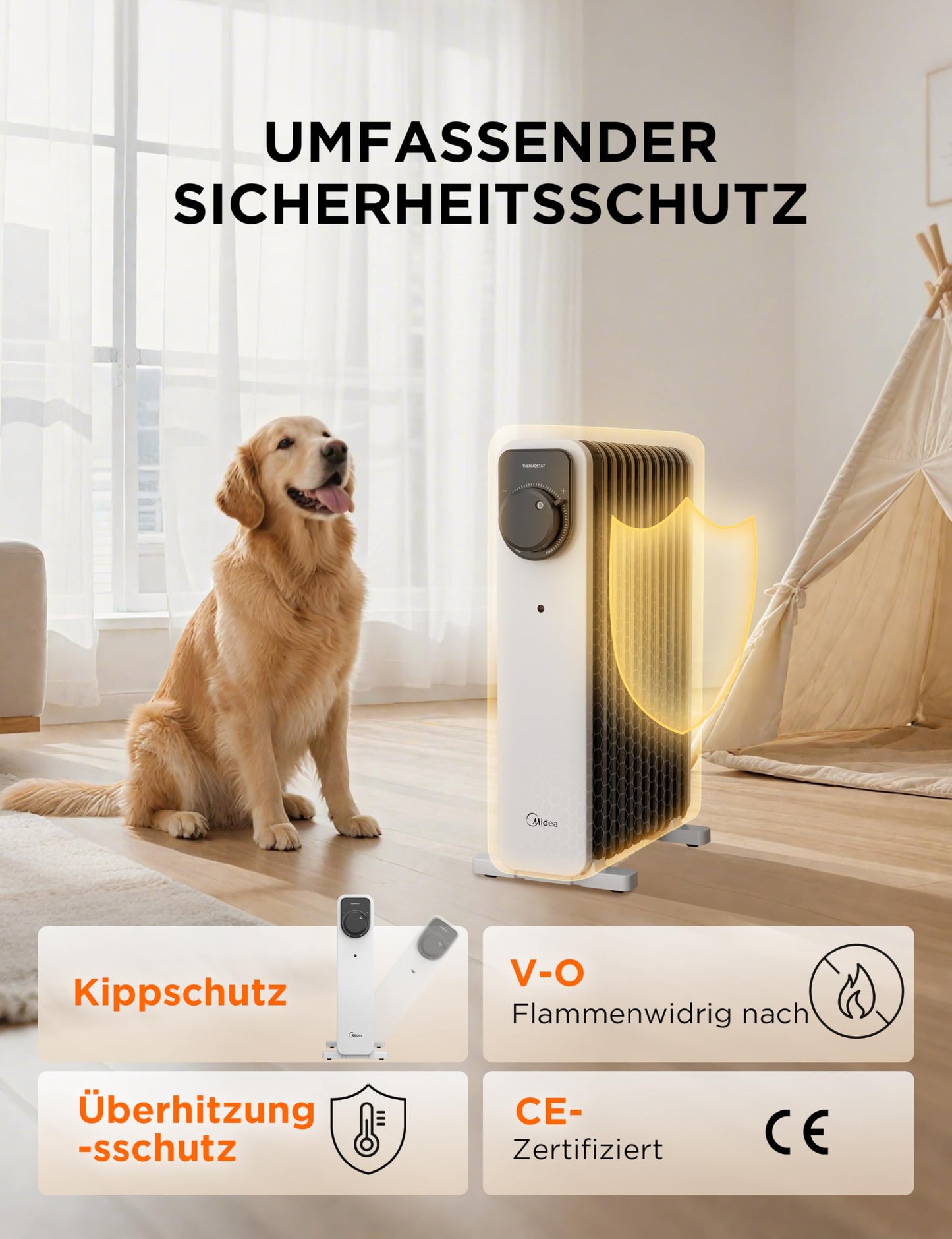 2300W 11 Rippen tragbarer Elektroheizer mit Drehknopfregelung und einstellbarem Thermostat, 3 Heizstufen, Kipp- und Überhitzungsschutz, ultra-leise im Büro & Zuhause