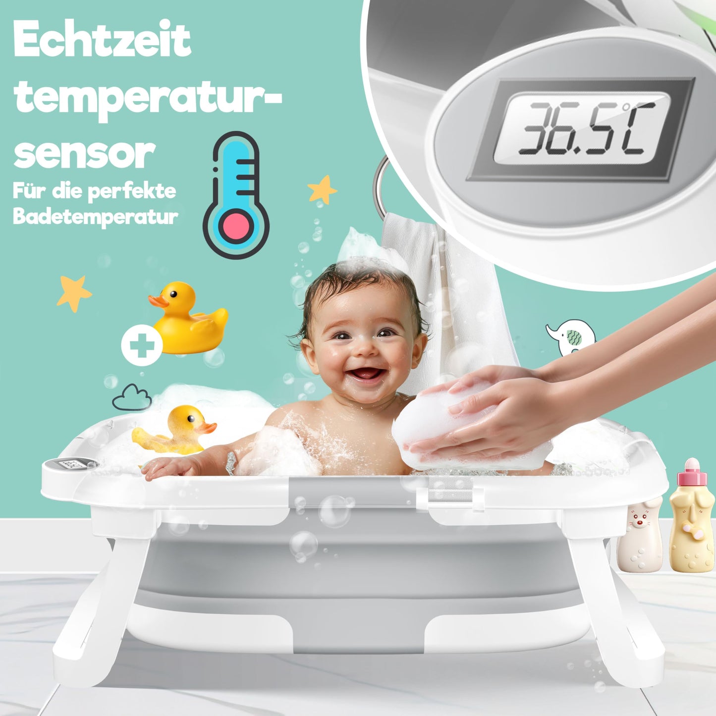 Baby Badewanne | Babywanne platzsparend & faltbar mit Thermostat & Kissen