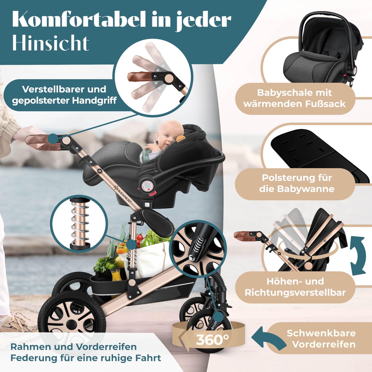 Kesser® Loops 3-in-1 Combination Pram, Complete Set Including Baby Tub & Buggy Sports Seat & Baby Car Seat, Full Rubber Tyres