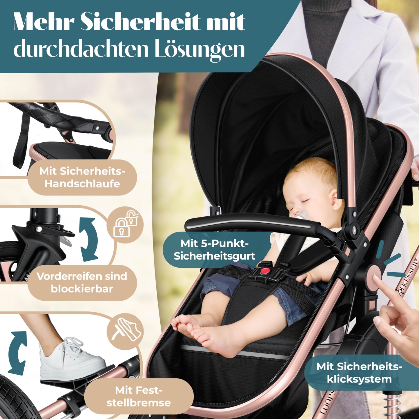 Kesser® Loops 3-in-1 Combination Pram, Complete Set Including Baby Tub & Buggy Sports Seat & Baby Car Seat, Full Rubber Tyres