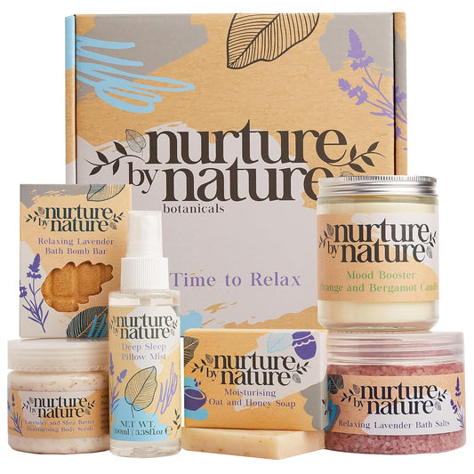 Nurture by Nature Relax Box, Gift Set for Women, Lavender Pillow Mist, Bath Salts, Bath Bomb, Candle and More, Beauty Gift Sets, Wellness Gifts for Women