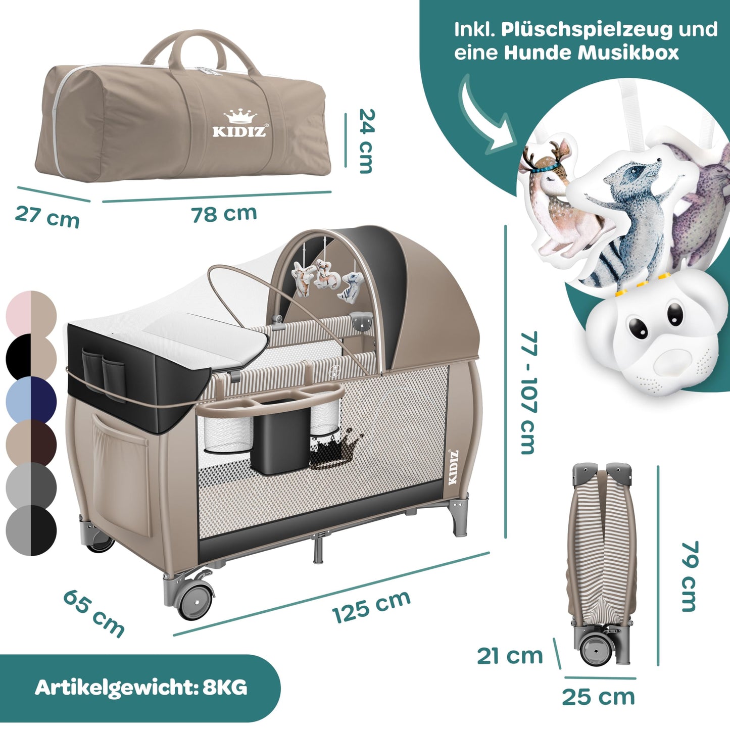 Kidiz Baby Cot, Travel Cot, Foldable with Mattress and Wheels, 120 x 60 cm, Side Entrance