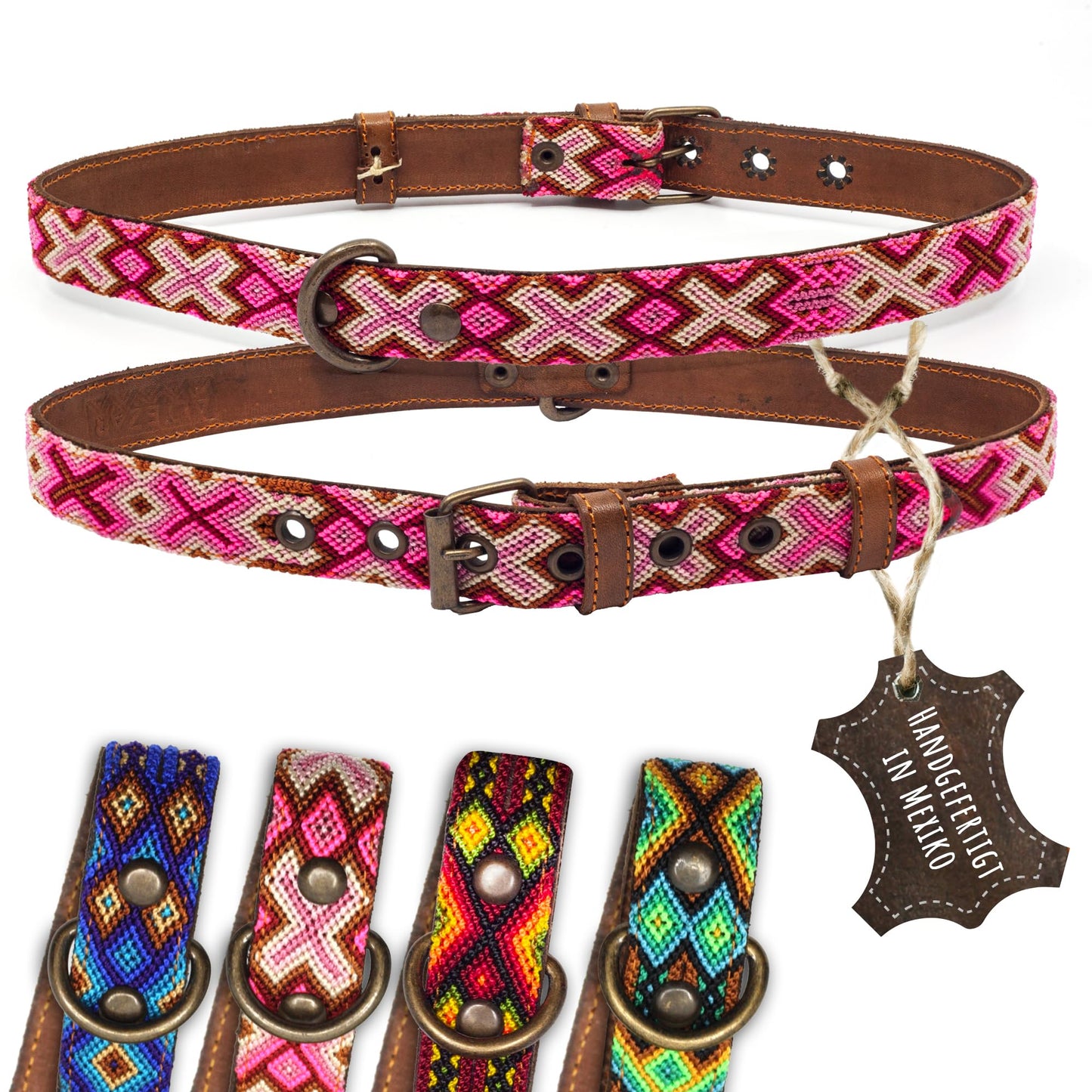 Hundehalsband Leder - braunes Rindsleder Tribal Grün/Braun/Beiges
