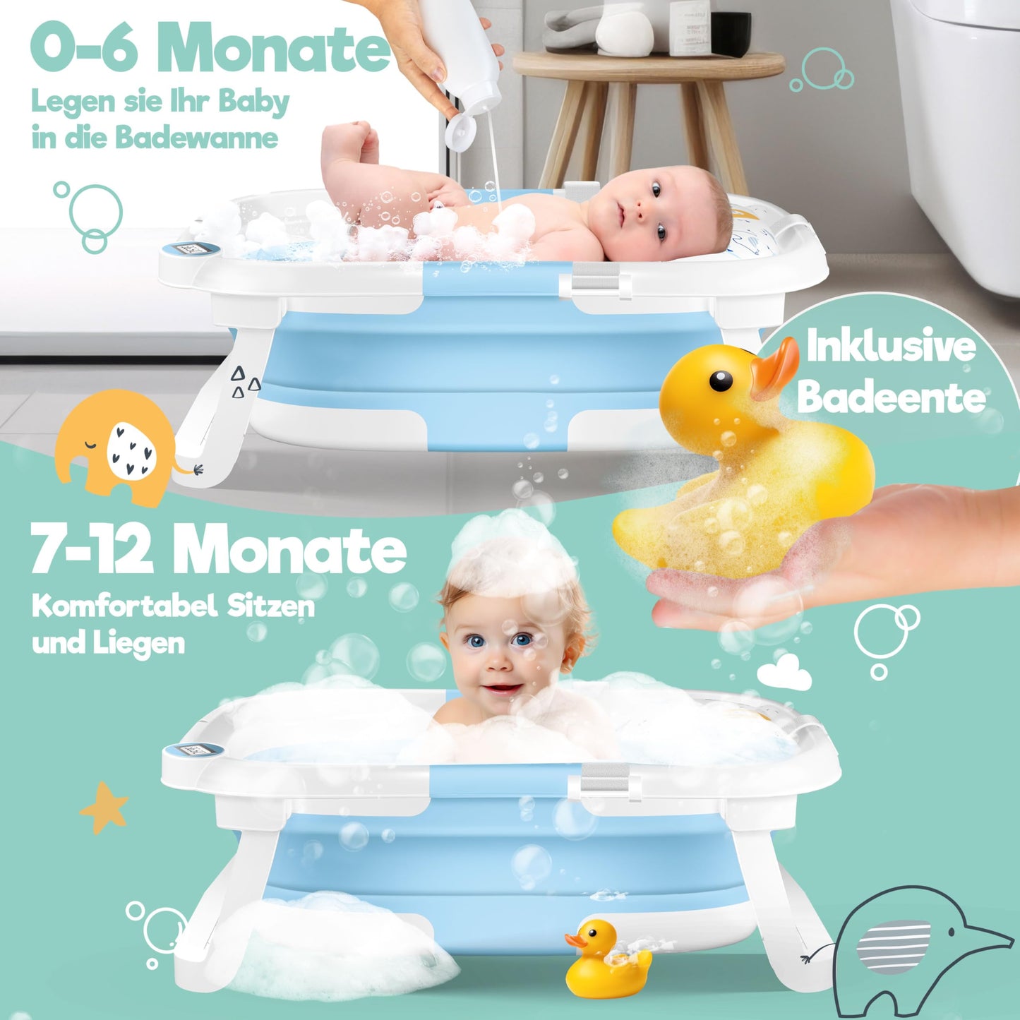 Baby Badewanne | Babywanne platzsparend & faltbar mit Thermostat & Kissen