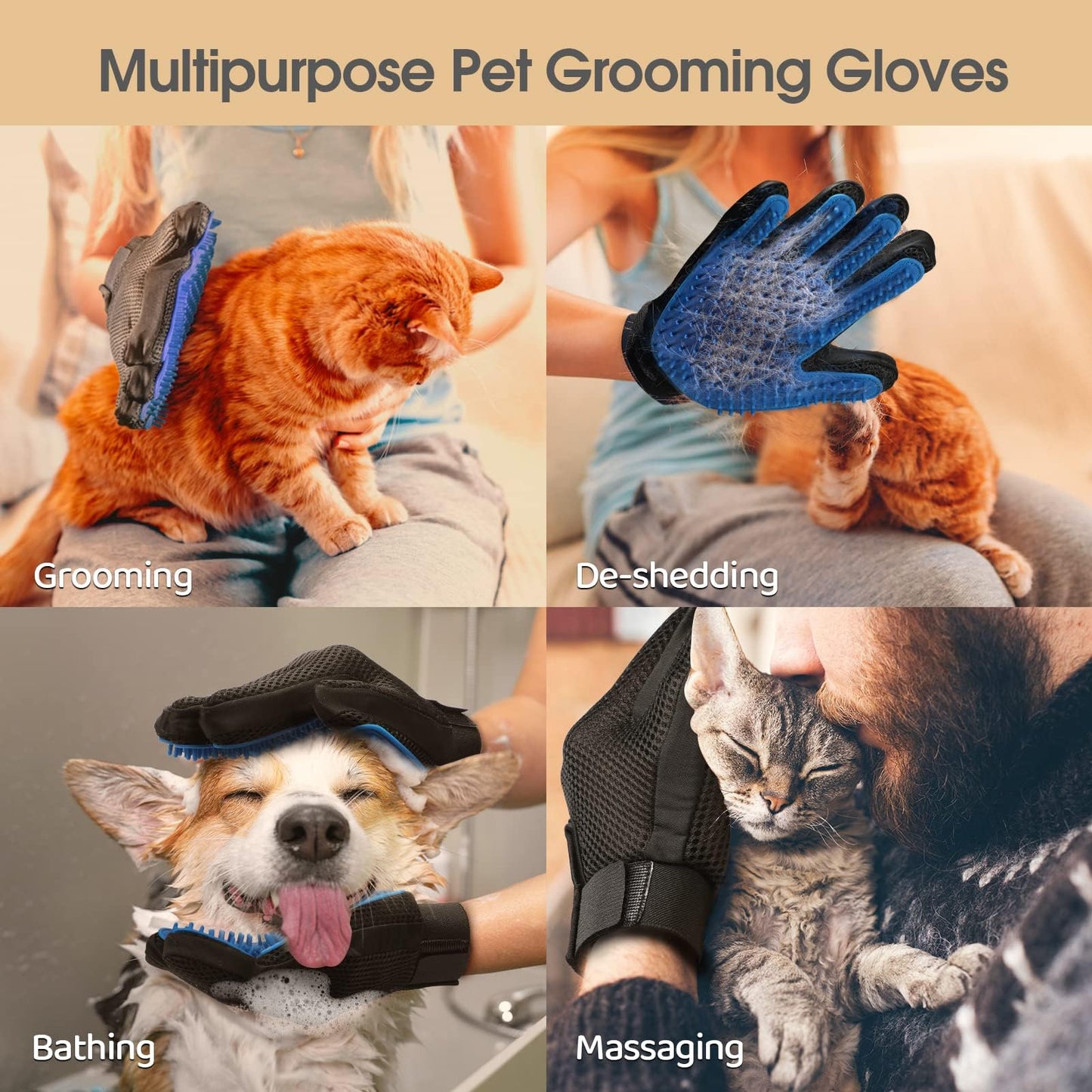 Pet Grooming Glove, Gentle Deshedding Brush - Efficient Pet Hair Remover Glove