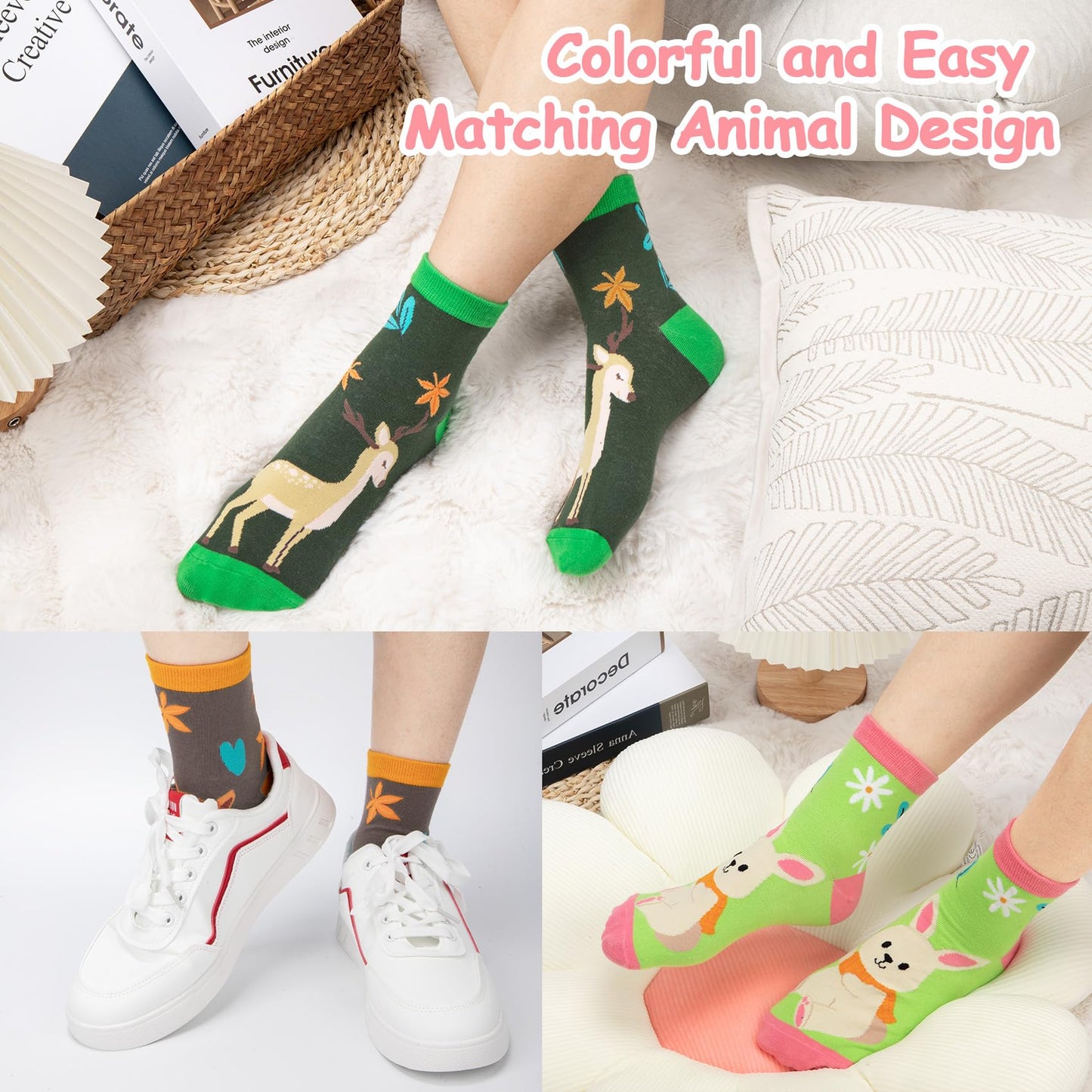 Chalier Cozy 5 Paar Damen Socken Hunde Katzen Motiven, Baumwolle