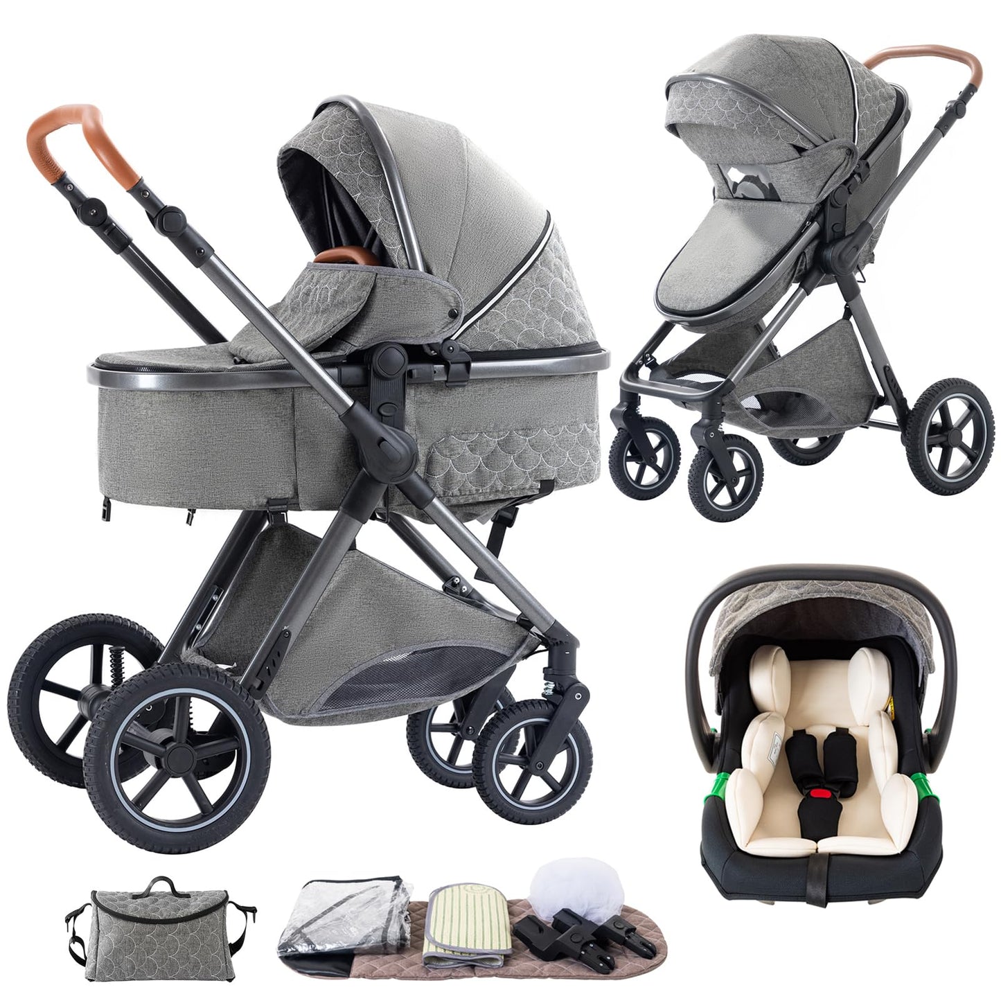 Shineey 3-in-1 Pushchair, Buggy, Foldable Pushchair Set, Combination Pushchair 3-in-1 with Large Comfortable Baby Carrycot Frame, Aluminium Alloy