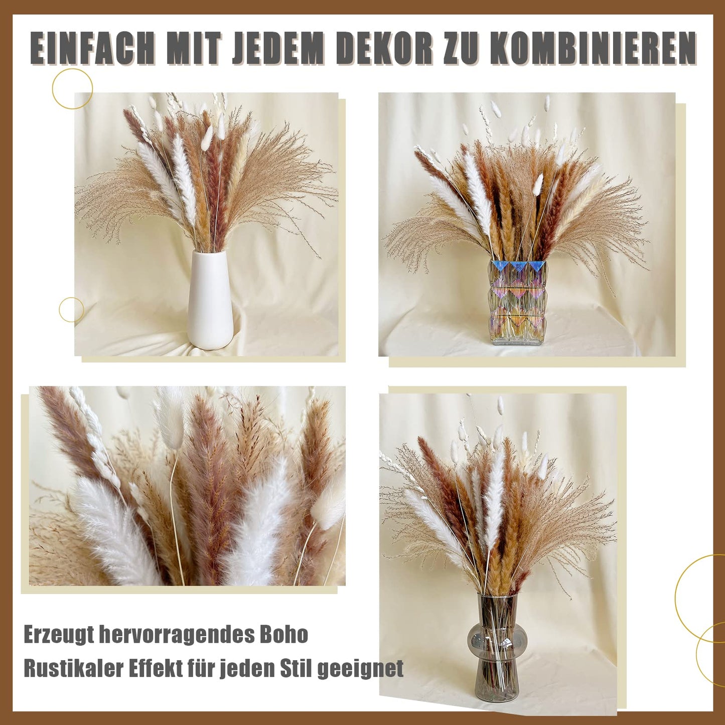 Dried Pampas Grass 60 Pieces Natural Dried Flowers Decoration, Bouquet Reed Flower Decoration for Living Room Bedroom