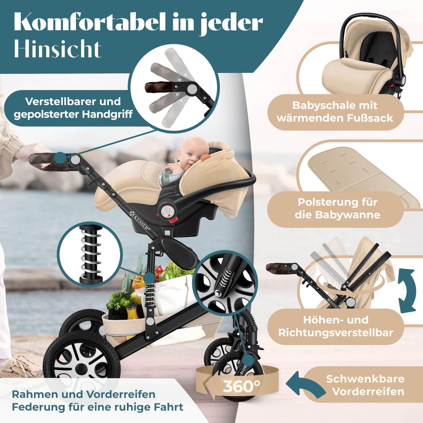 Kesser® Loops 3-in-1 Combination Pram, Complete Set Including Baby Tub & Buggy Sports Seat & Baby Car Seat, Full Rubber Tyres