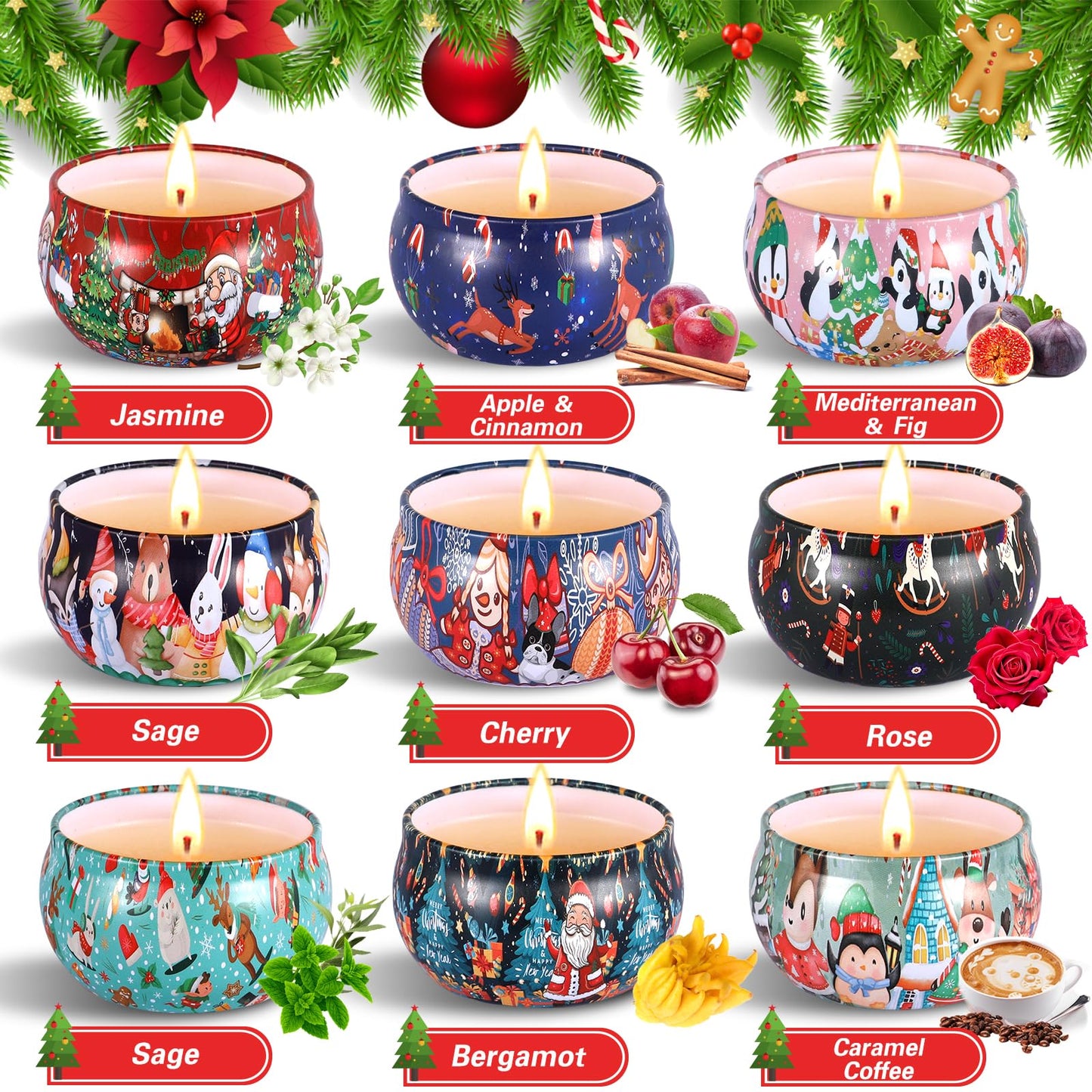 Duftkerze Set,12 Stück Christmas Scented Candle ,Natürliches Sojawachs Kerzen ,Aromatherapie Weihnachtskerzen Aroma für Stressabbau