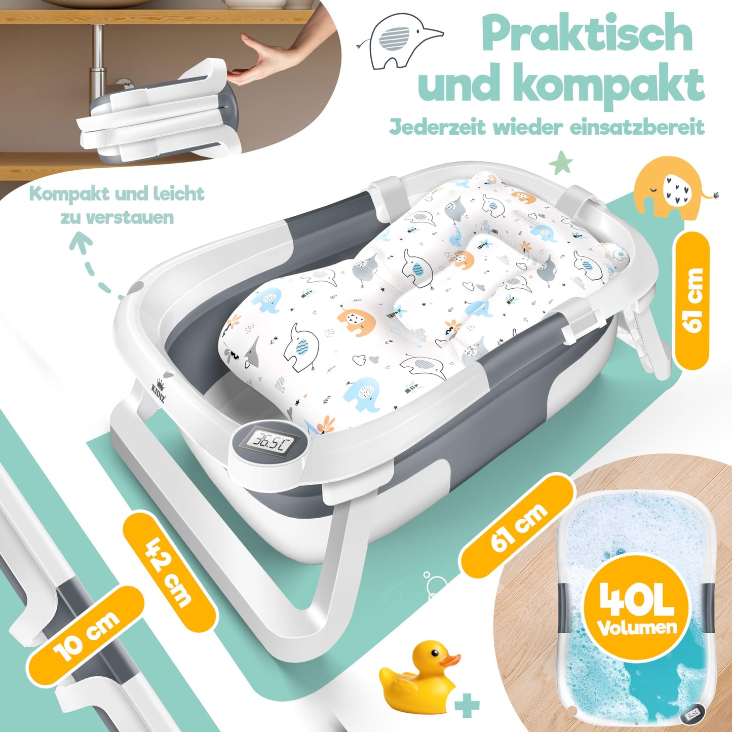 Baby Badewanne | Babywanne platzsparend & faltbar mit Thermostat & Kissen