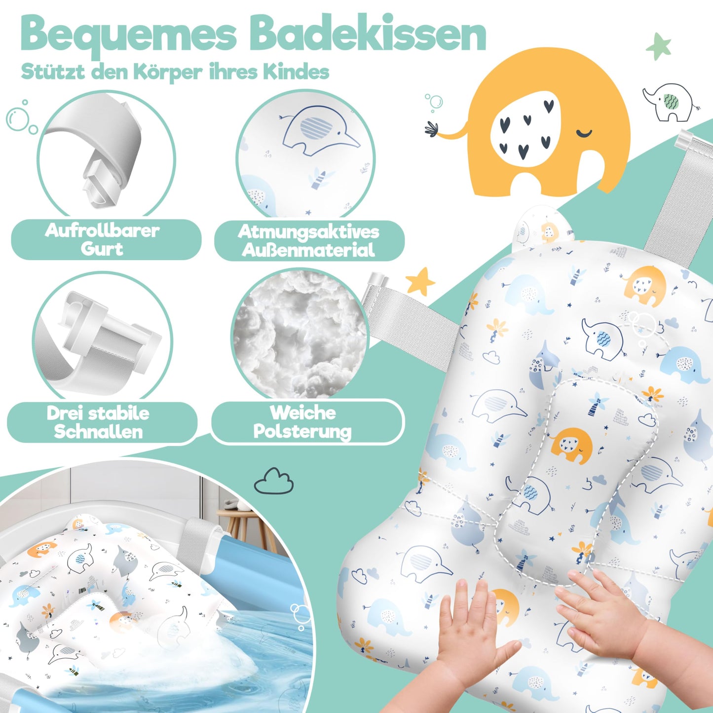 Baby Badewanne | Babywanne platzsparend & faltbar mit Thermostat & Kissen