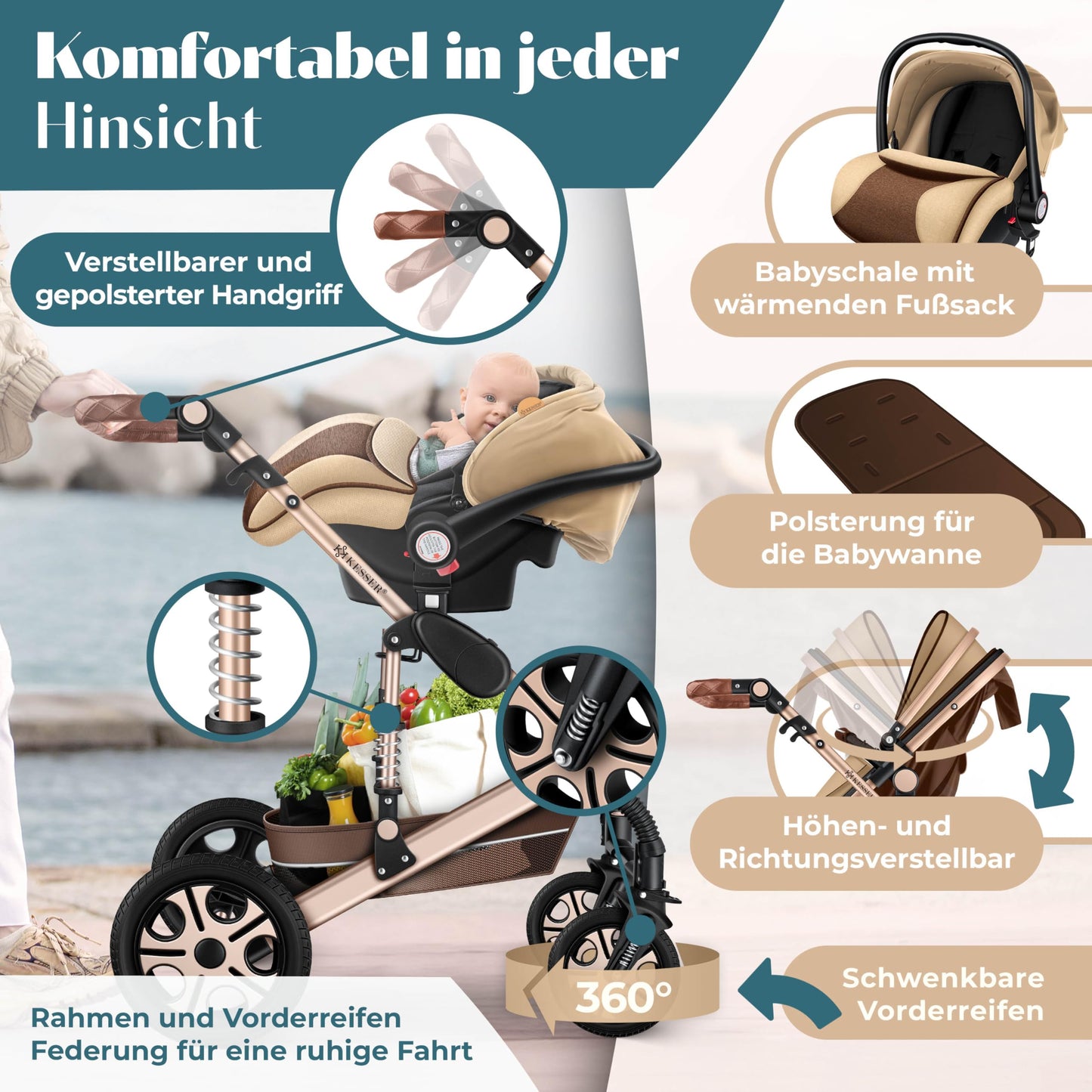 Kesser® Loops 3-in-1 Combination Pram, Complete Set Including Baby Tub & Buggy Sports Seat & Baby Car Seat, Full Rubber Tyres