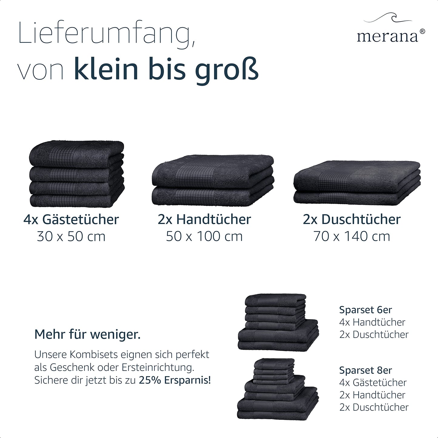 Merana Rome Handtuch Set | saugstark, weich und fusselfrei | Frottier Luxus Qualität | 100% Baumwolle | Oeko-TEX | 4 x Gästetücher (30x50cm))