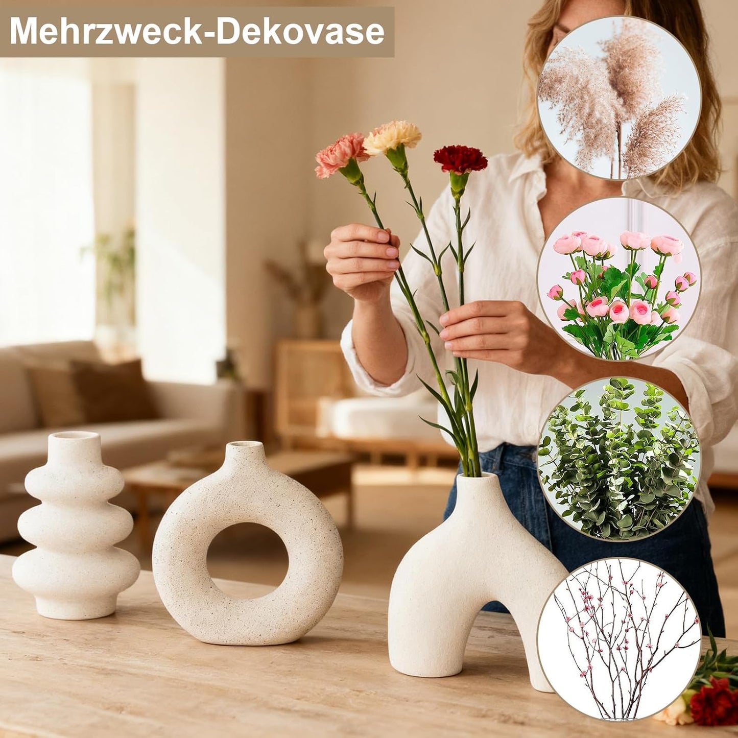Vankarr Weiße Keramikvase Satz von 3, kleine Trockenblumen Vasen für Pampasgras, handgemachte Vase,Moderne Boho Vasen für Wohnungsdeko Hochzeit Dekor