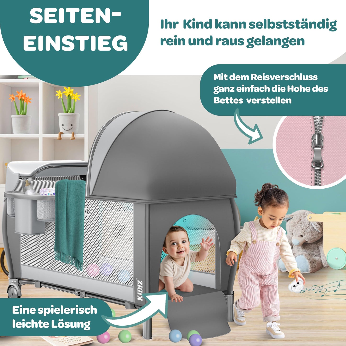 Kidiz Baby Cot, Travel Cot, Foldable with Mattress and Wheels, 120 x 60 cm, Side Entrance