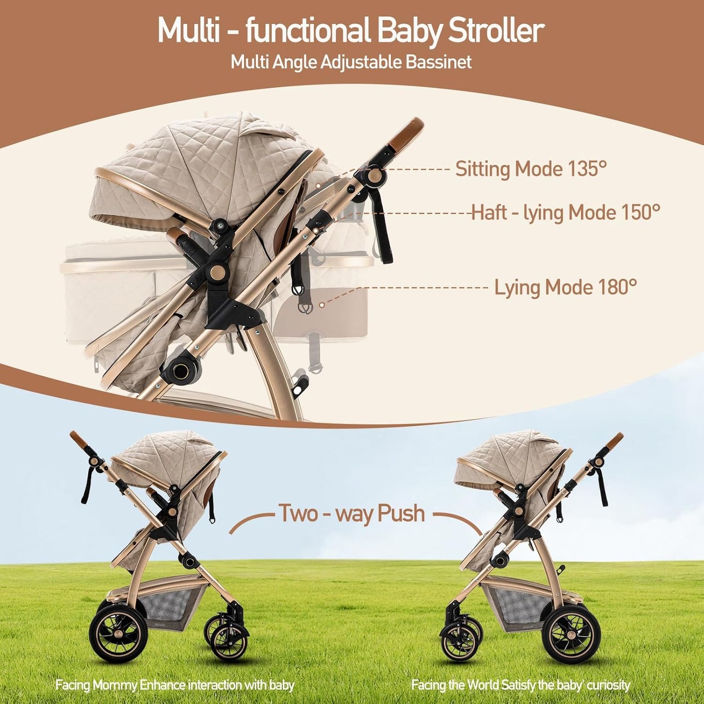 3-in-1 Pram Set with Seat, Baby Bed is Foldable, Adjustable Reclining Position,up to 15 kg, 0-3 Years