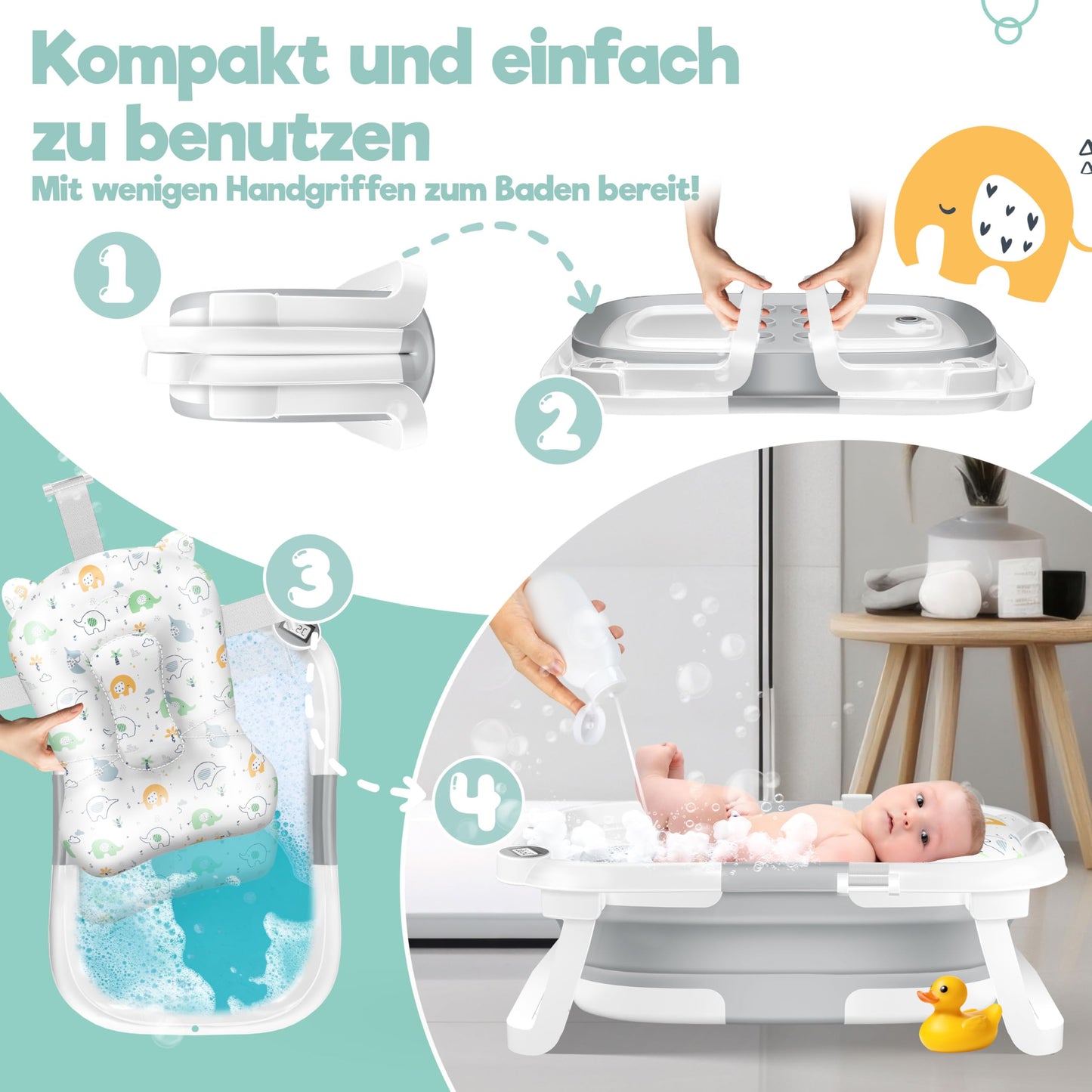 Baby Badewanne | Babywanne platzsparend & faltbar mit Thermostat & Kissen