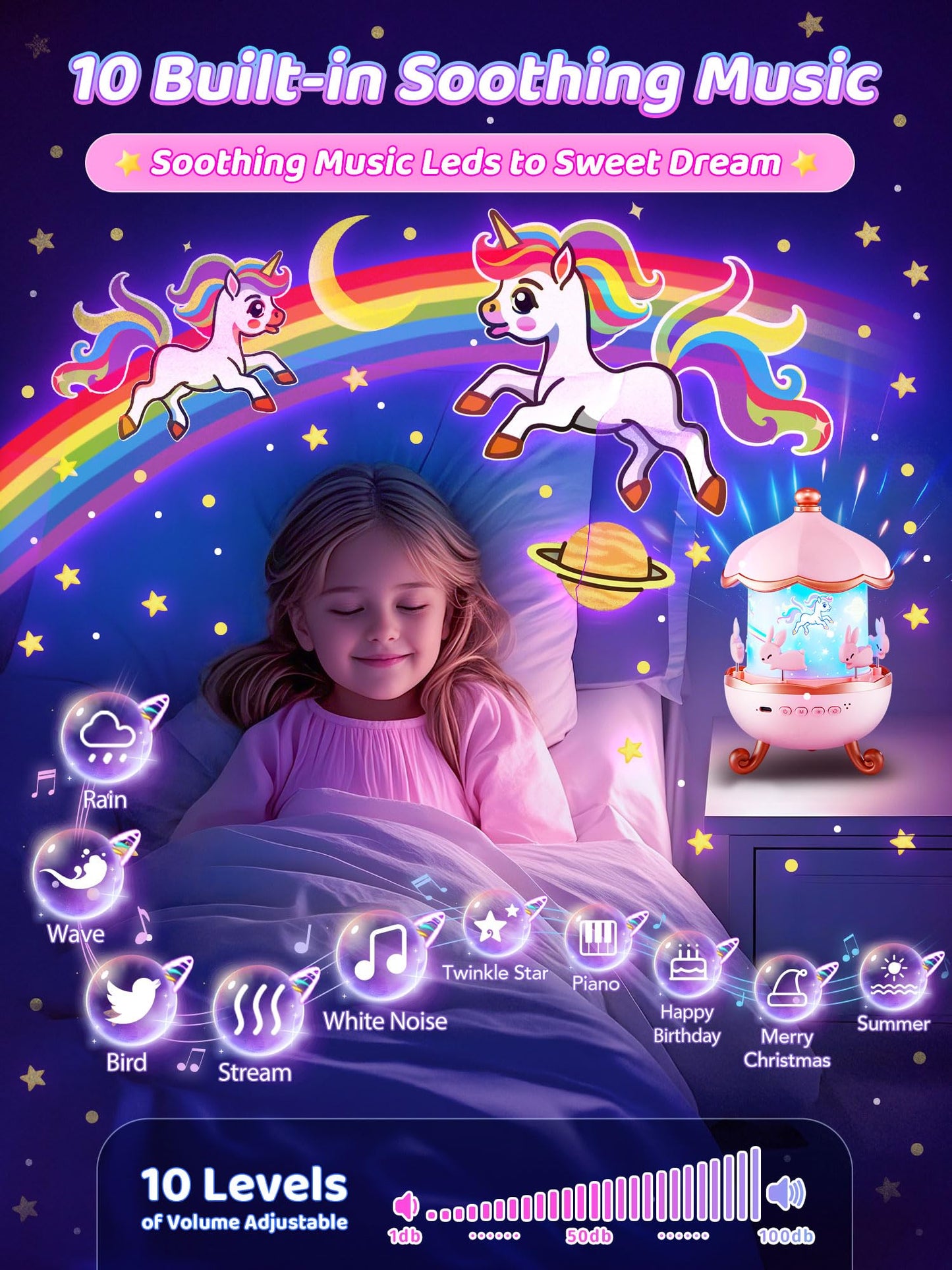 Starry Sky Projector Baby with 15 Films, Music Box Unicorn with 15 Music, 7 Colours Bedside Lamp, Night Light, Unicorn Toy, Girls Toy, Children's Room Decoration
