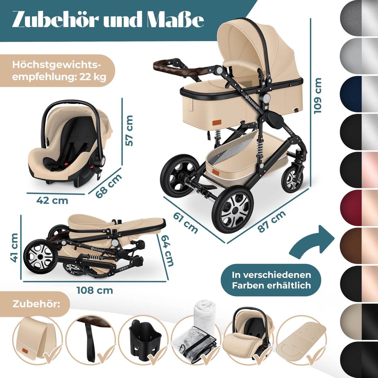 Kesser® Loops 3-in-1 Combination Pram, Complete Set Including Baby Tub & Buggy Sports Seat & Baby Car Seat, Full Rubber Tyres