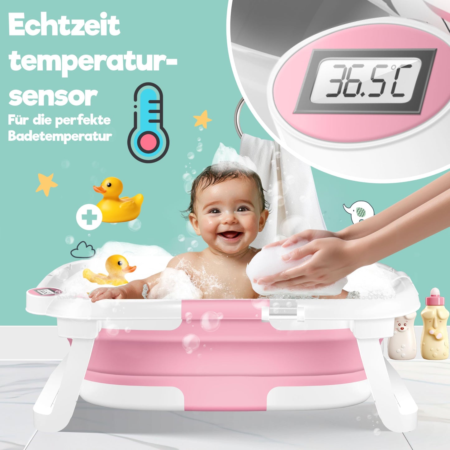 Baby Badewanne | Babywanne platzsparend & faltbar mit Thermostat & Kissen