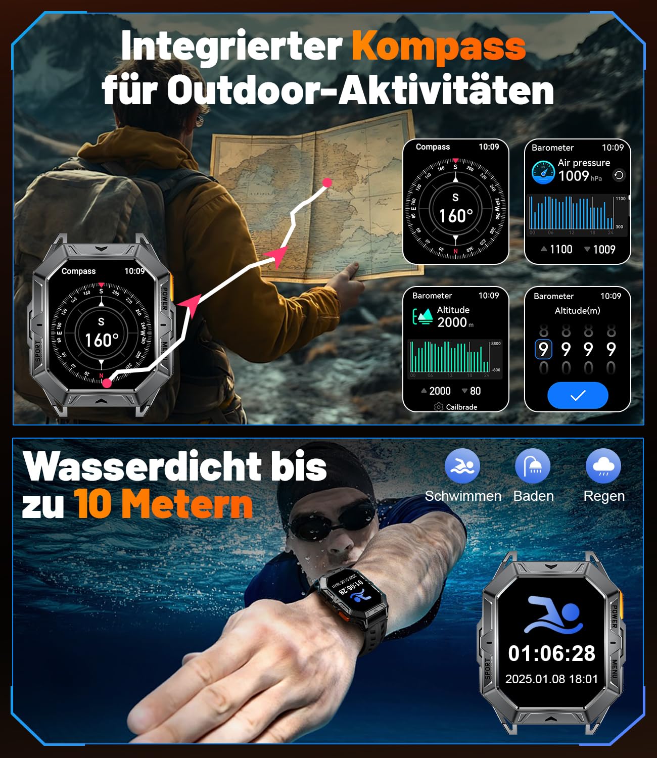 Smartwatch Herren MilitĂ€r, 2.13" AMOLED mit 256 MB,1000mAh Akku, Barometerdruck/ Höhenmesser/Kompass, Smart Watch mit Telefonfunktion, 100+ Sportmodi Fitness-Tracker, 10ATM Wasserdicht fĂŒr Android iOS