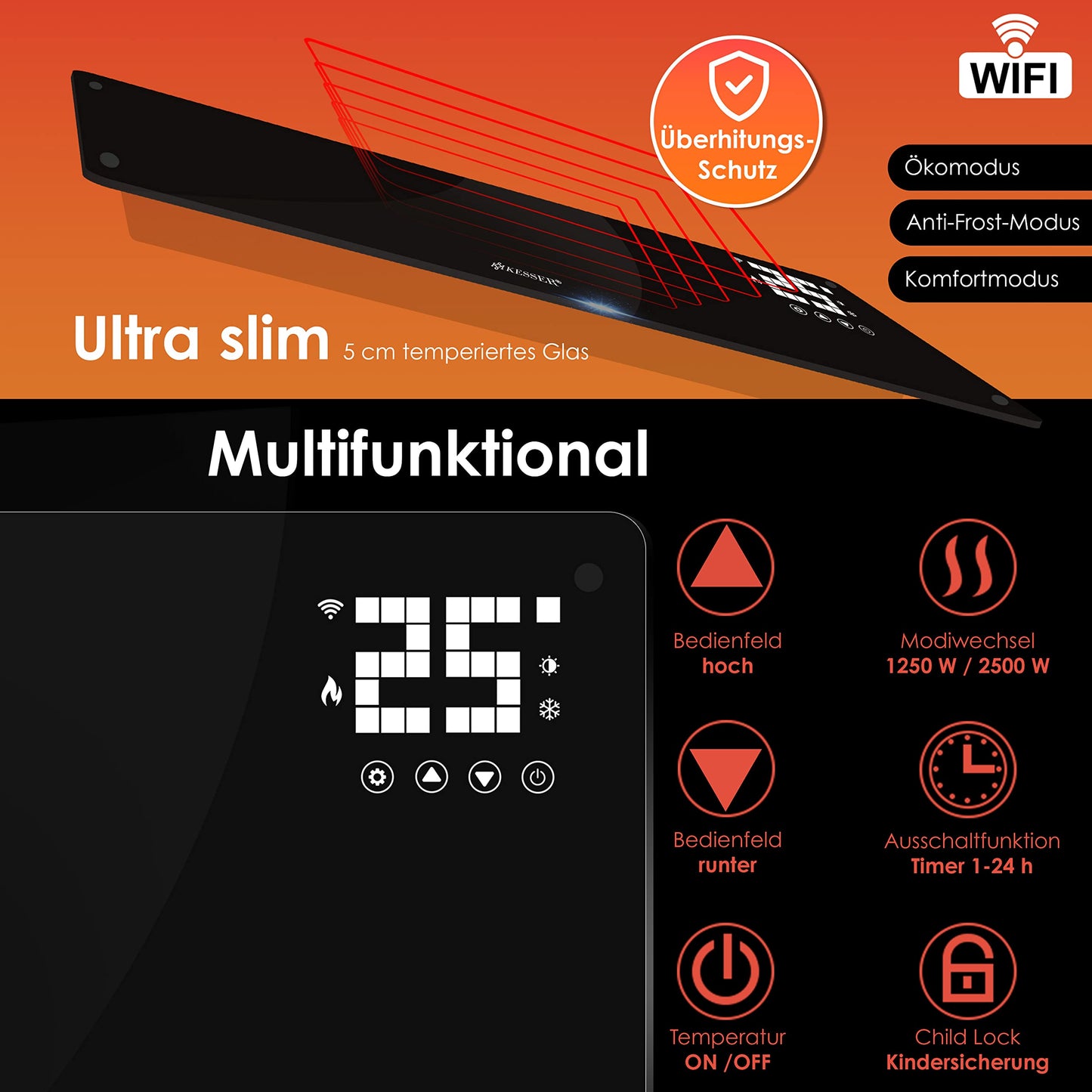 KESSER® Glass Convector, Glass Heater, Electric Radiator, WiFi App Function, Includes Remote Control Electric Heater Standing or Wall Heating Radiator | Touch Screen | LCD Display | Timer | 2500 Watt