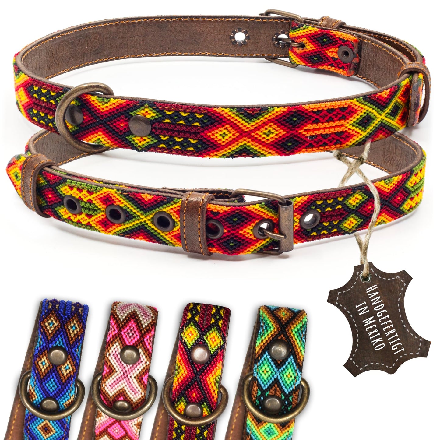Hundehalsband Leder - braunes Rindsleder Tribal Grün/Braun/Beiges
