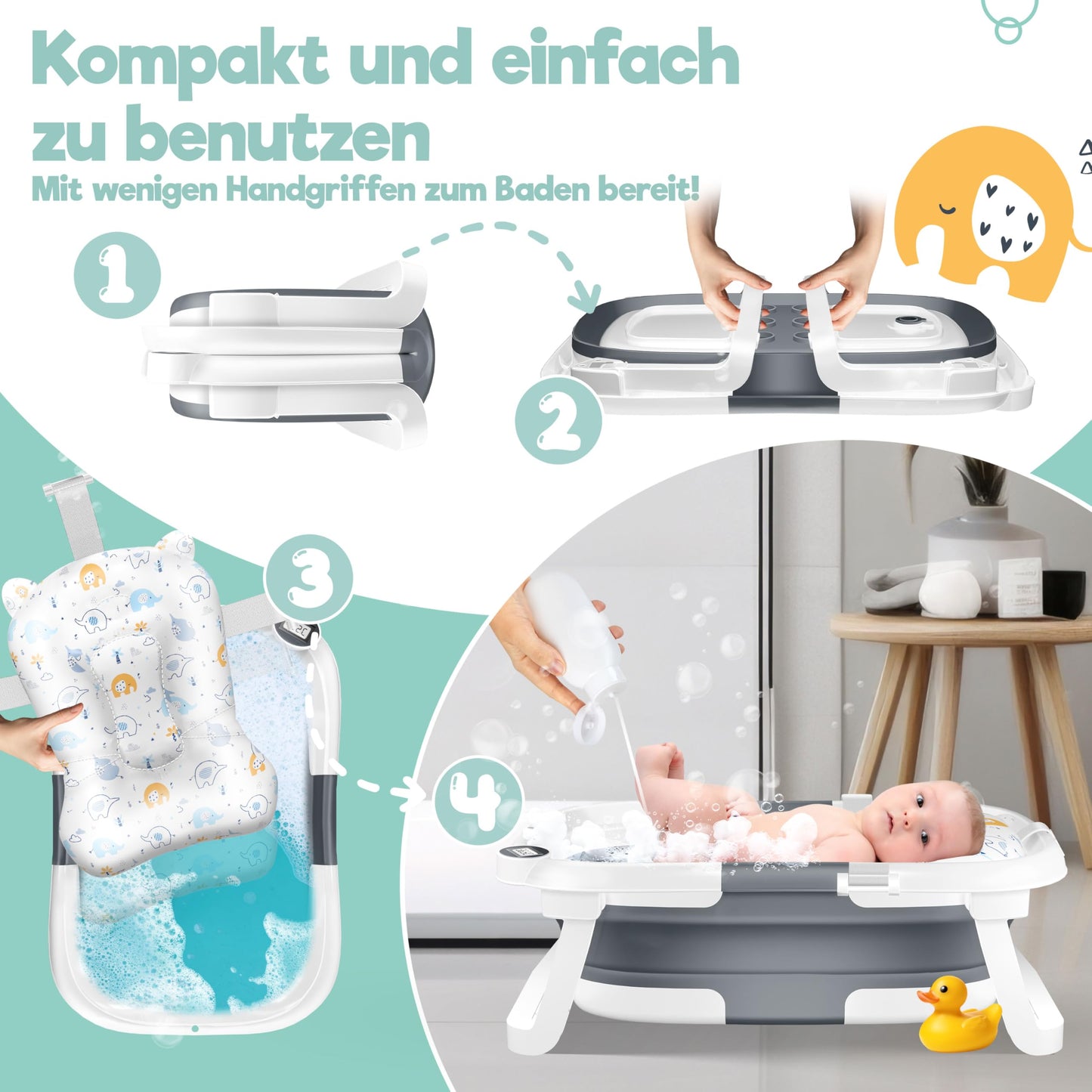 Baby Badewanne | Babywanne platzsparend & faltbar mit Thermostat & Kissen