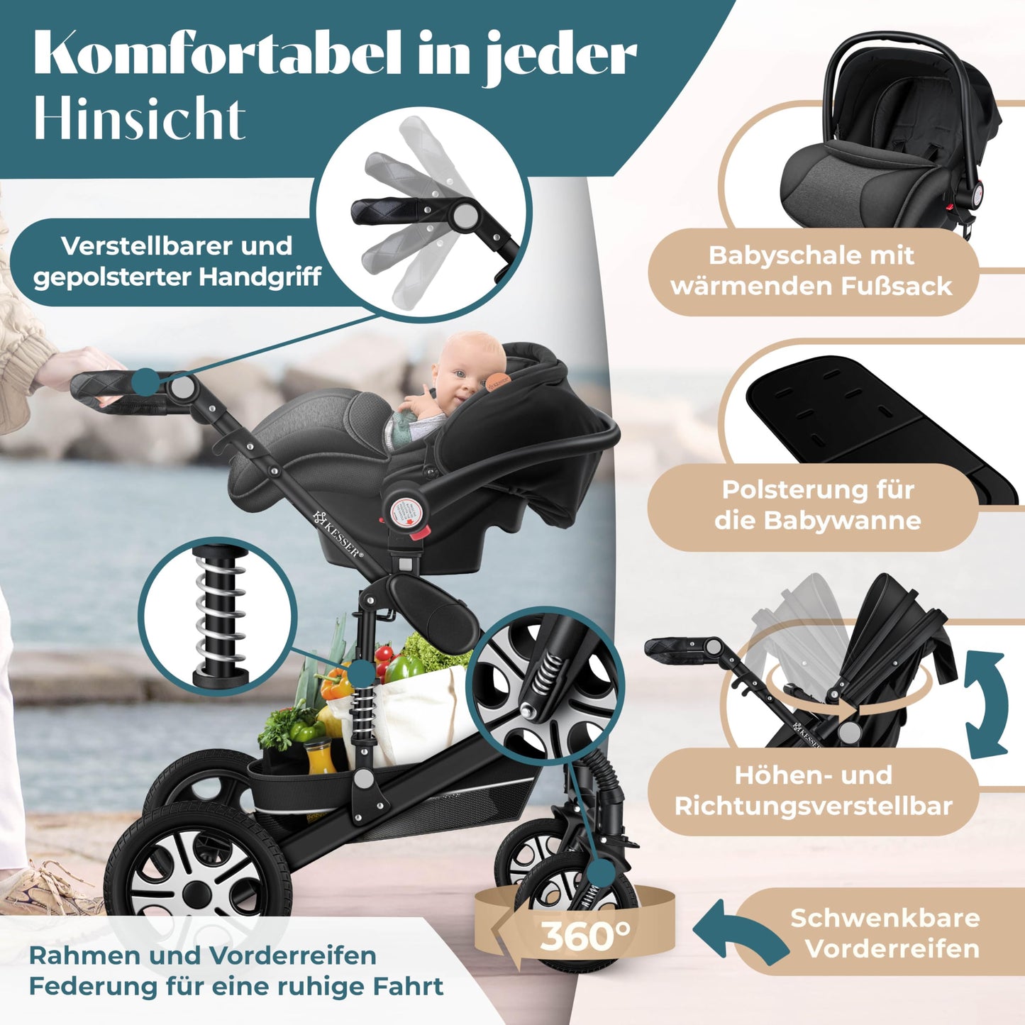 Kesser® Loops 3-in-1 Combination Pram, Complete Set Including Baby Tub & Buggy Sports Seat & Baby Car Seat, Full Rubber Tyres
