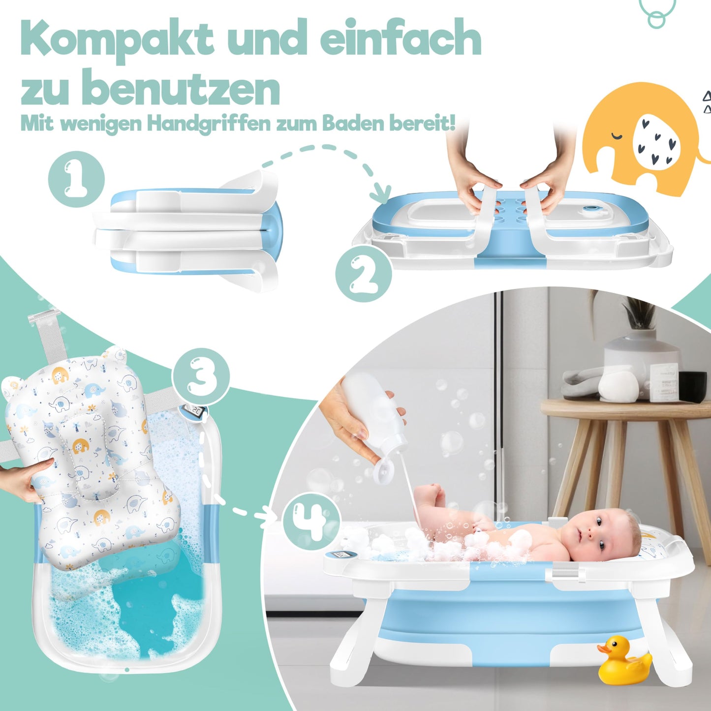 Baby Badewanne | Babywanne platzsparend & faltbar mit Thermostat & Kissen