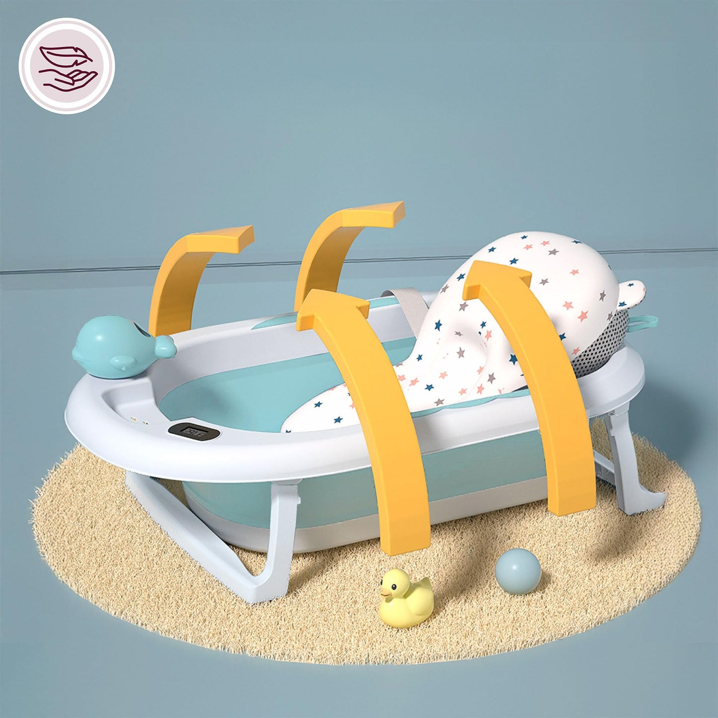 Moby-System Foldable Baby Bathtub with Insert, LCD Thermometer & Frame - Secure Hold from Birth, Ergonomic