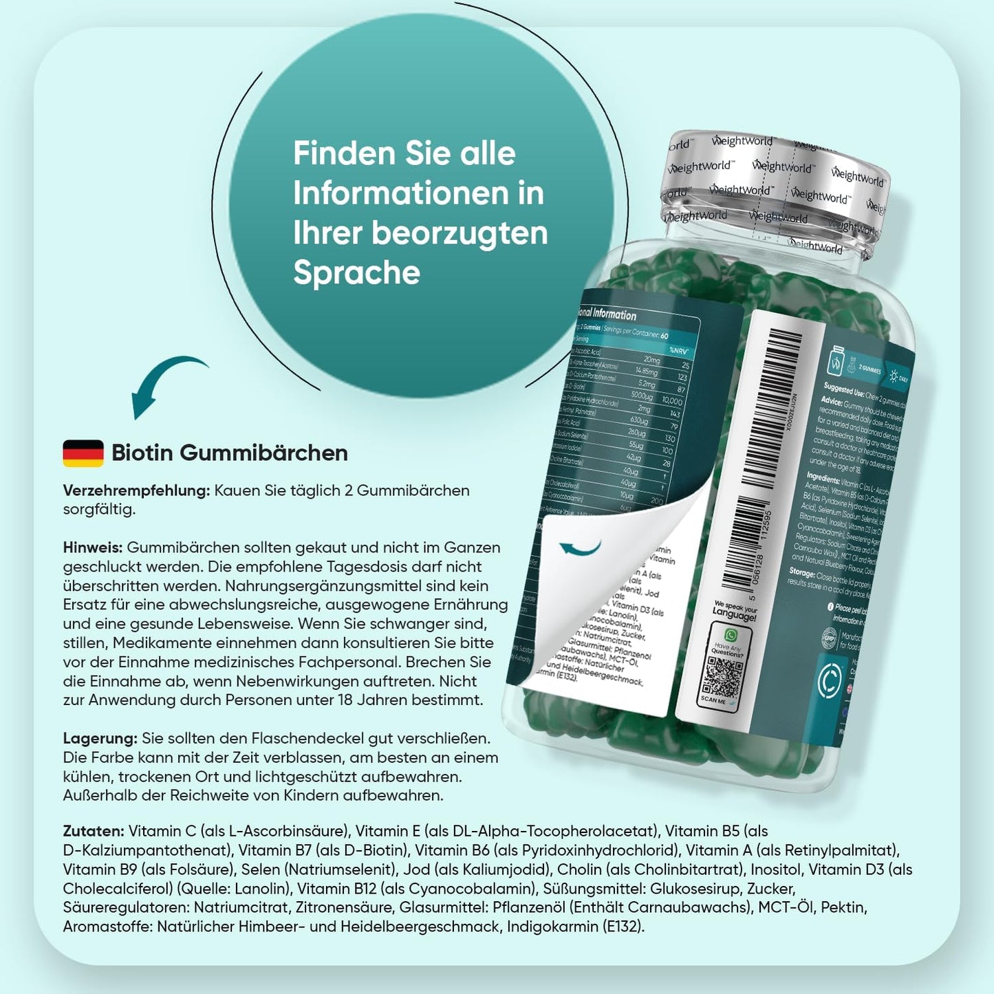 Biotin Gummy Bears for Skin Hair Nails - with 5000mcg Biotin with Folic Acid, Selenium, Iodine, Vitamin A, B12, E - Vegetarian & Without Gelatine - 120 Hair Gummies