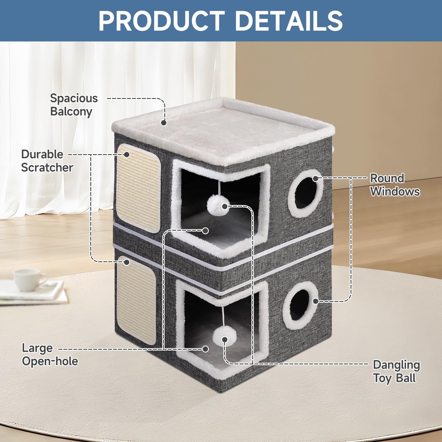 Faltbares Katzenhaus, mit Kratzbrett und Spielball, Katzenhaus Höhle für kleine und mittlere Haustiere