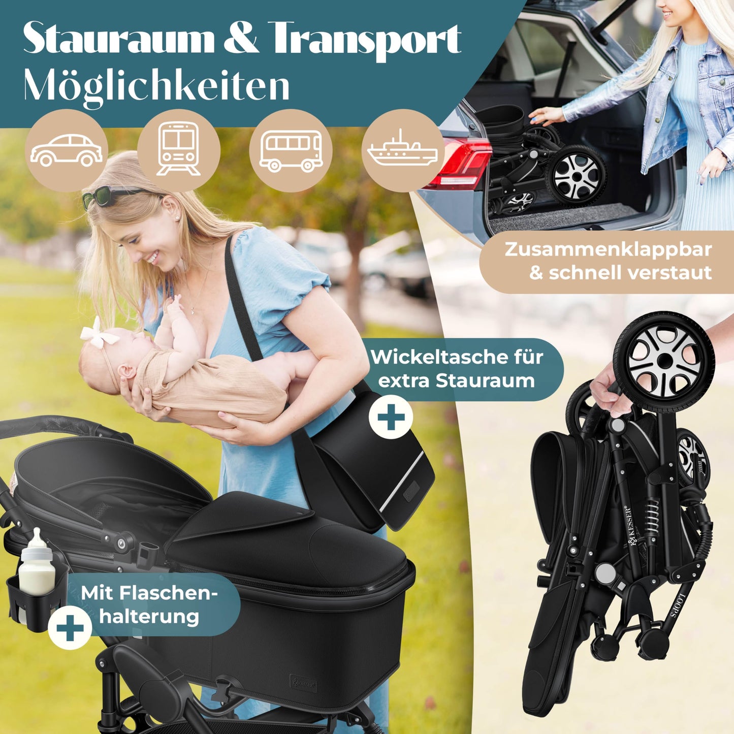 Kesser® Loops 3-in-1 Combination Pram, Complete Set Including Baby Tub & Buggy Sports Seat & Baby Car Seat, Full Rubber Tyres